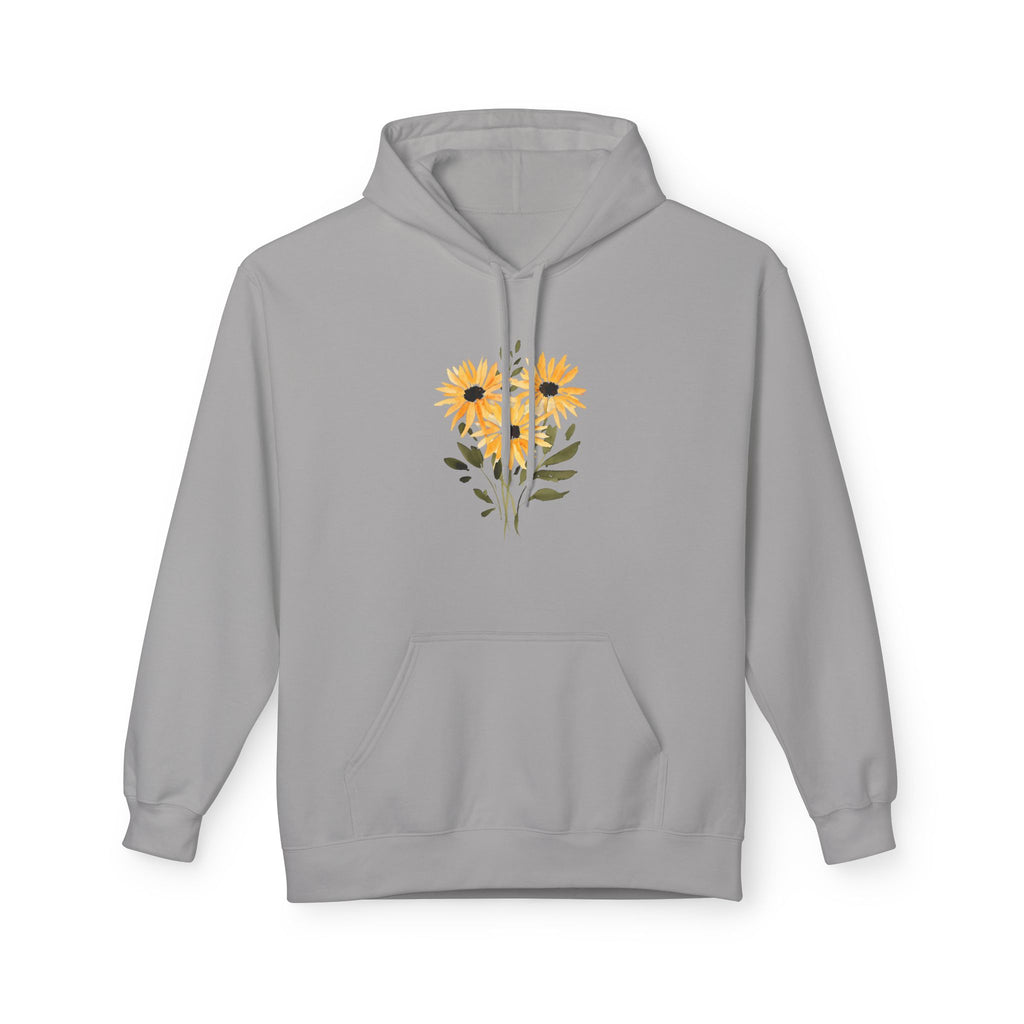 Light gray pullover hoodie with hood, kangaroo pocket, and sunflower heart chest graphic