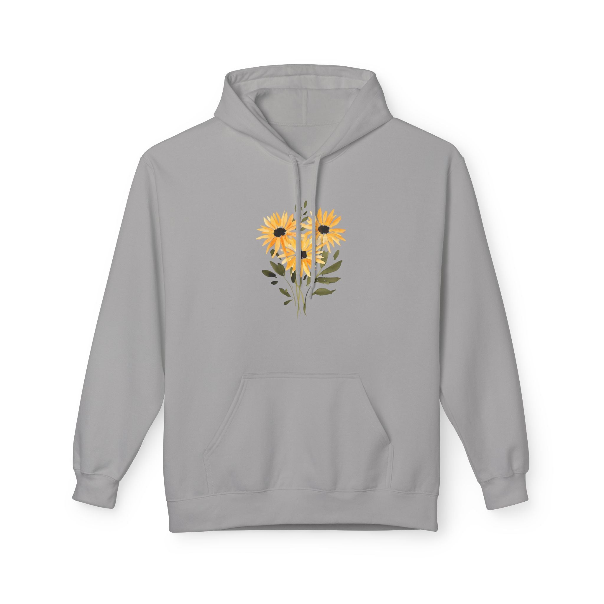 Light gray pullover hoodie with hood, kangaroo pocket, and sunflower heart chest graphic