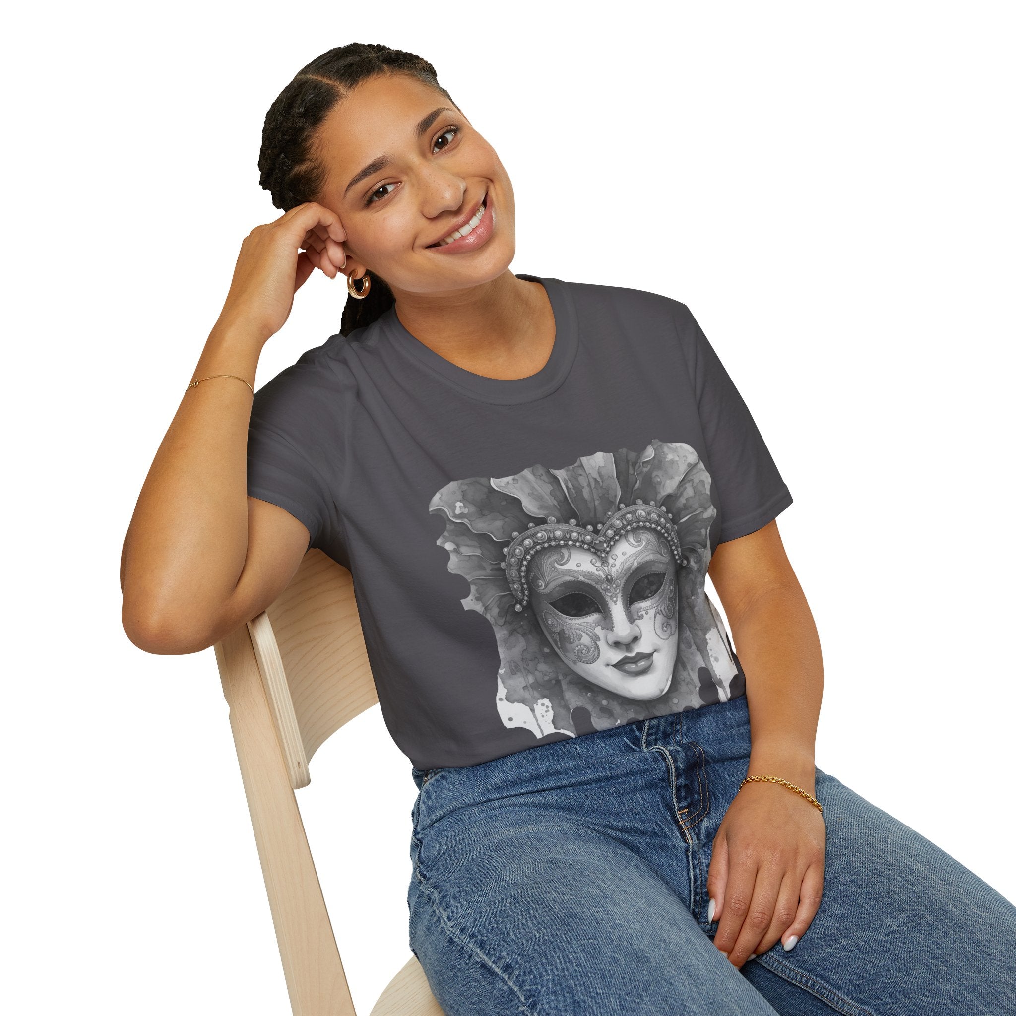 Charcoal crewneck face mask graphic t-shirt with watercolor masquerade mask on front