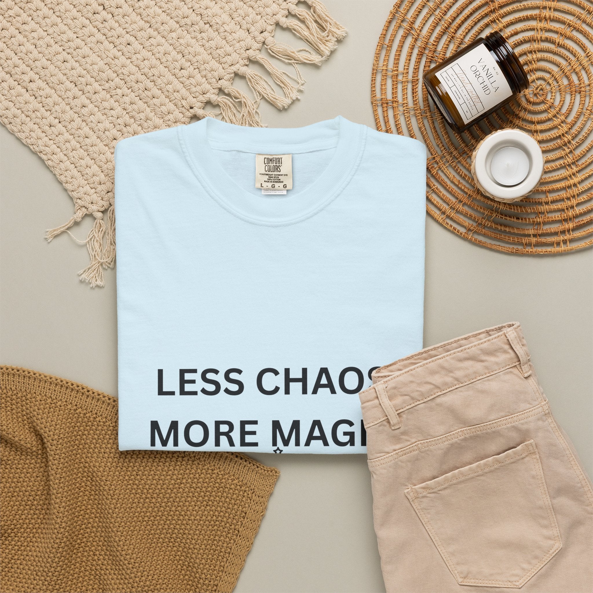Less Chaos, More Magic T-Shirt — Crescent Moon + Stars Graphic Tee