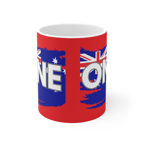 Red ceramic coffee mug, centered graphic with blue flag and large ONE lettering