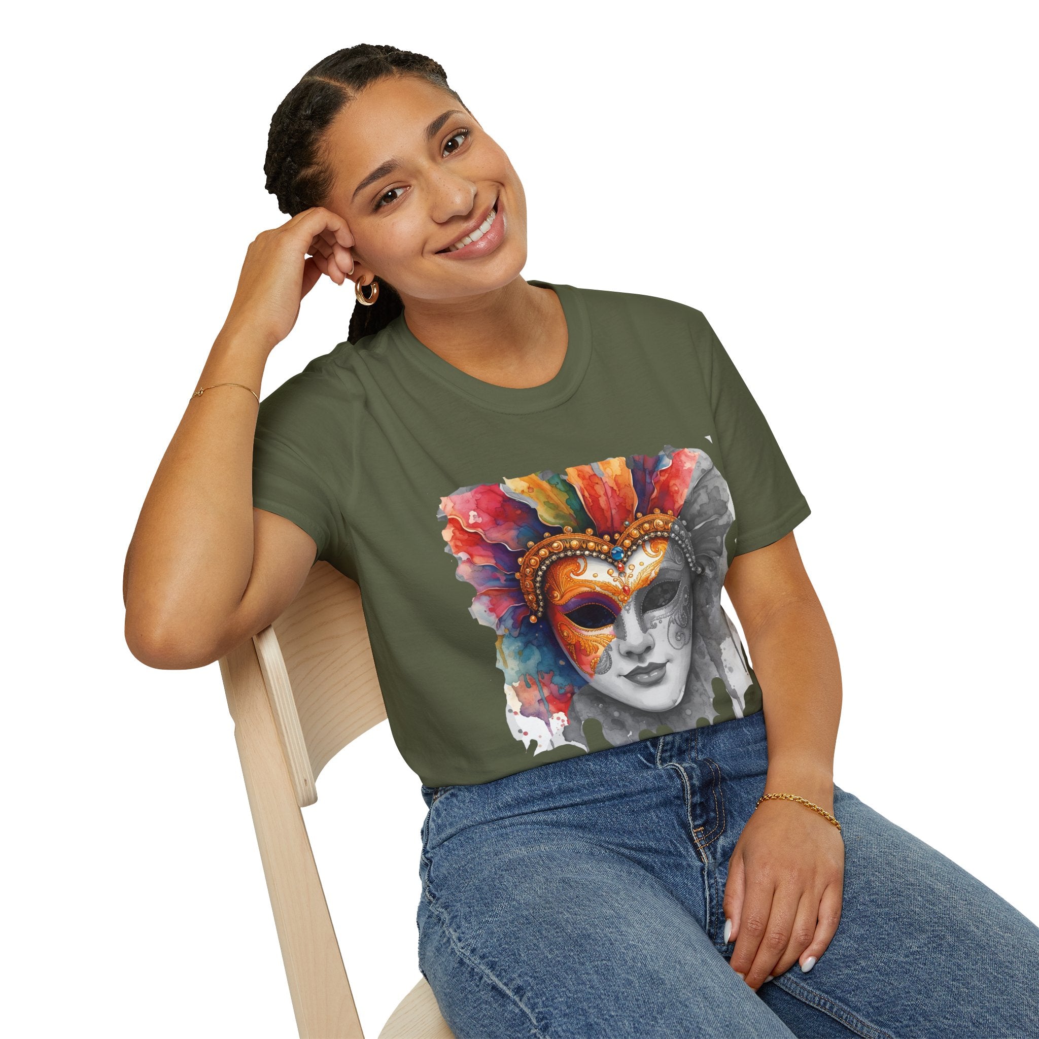 Olive face T-shirt with watercolor masquerade mask graphic on the chest
