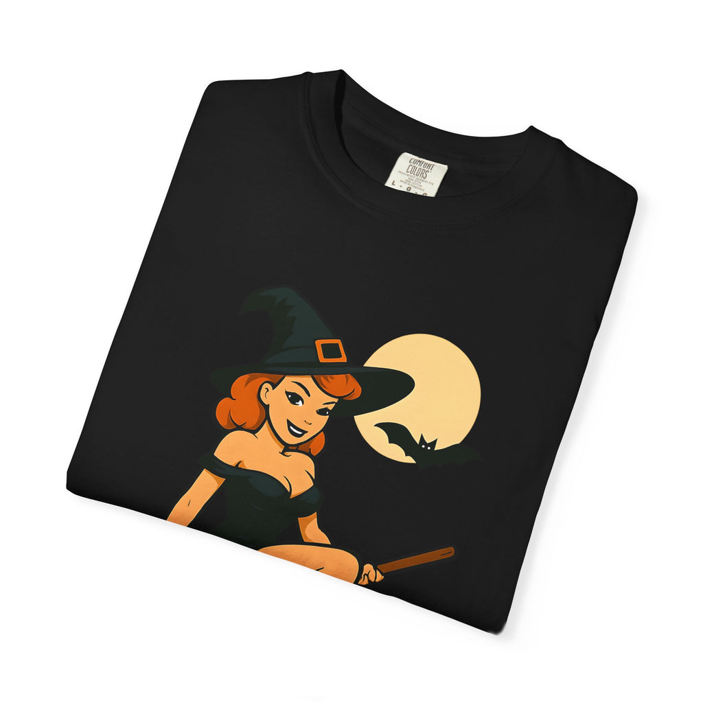 Witch Pinup Tee - "Broom Ride? Enquire Within" Halloween Graphic Shirt