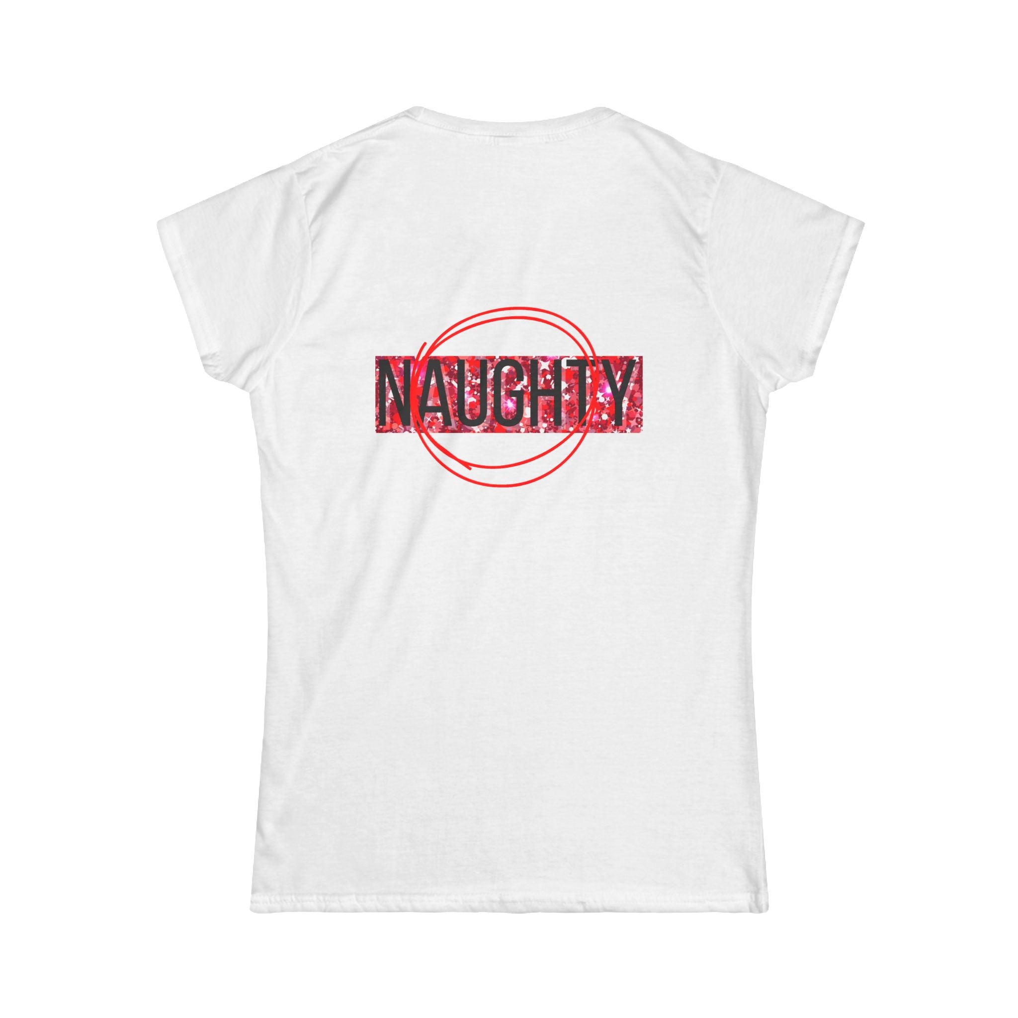 Women's graphic tee, white back with 'NAUGHTY' holiday lettering and red ring