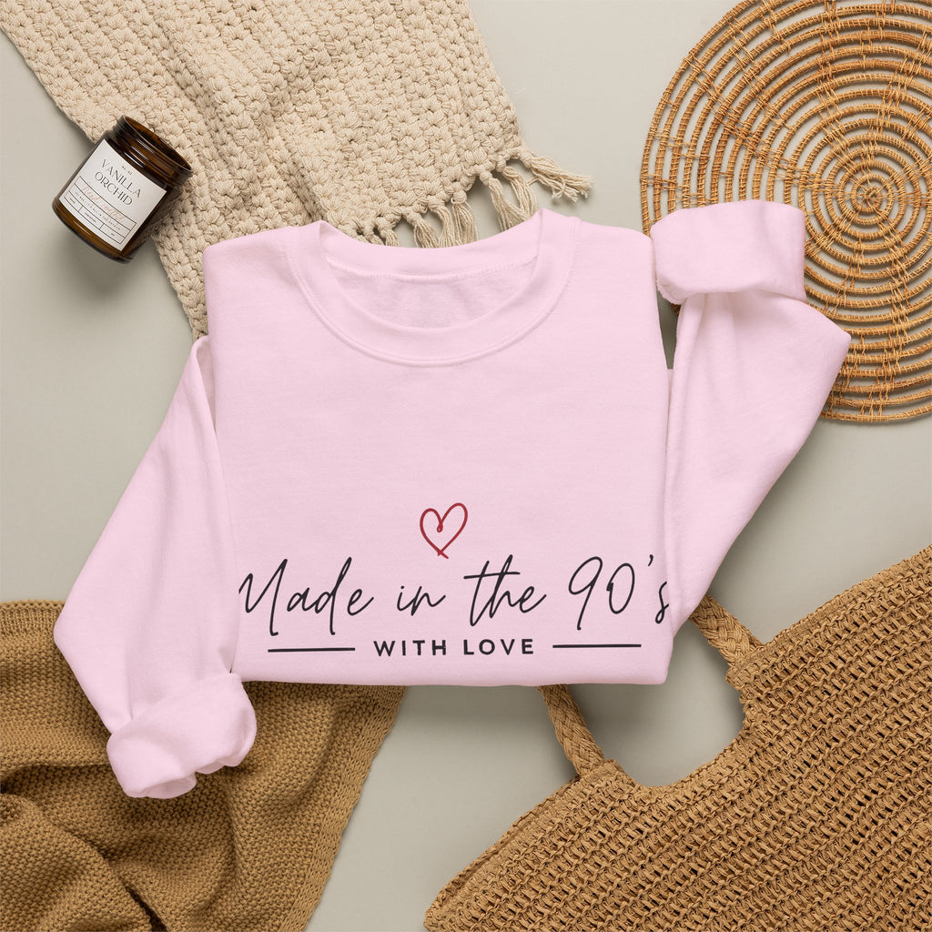 Crewneck Sweatshirt — "Made in the 90's" Retro Heart Graphic, Vintage Mom/90s Birthday Gift