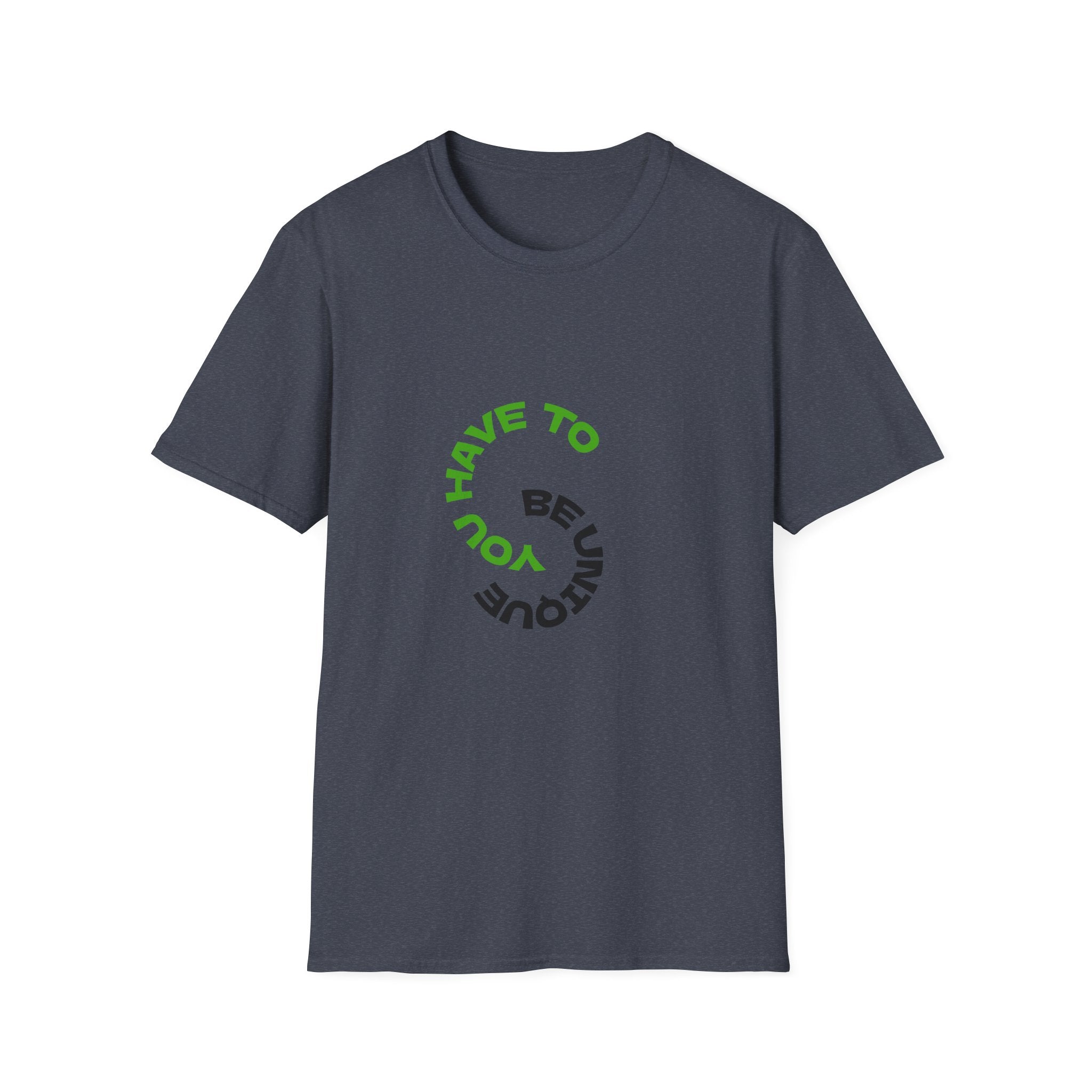 Unisex graphic T-shirt in dark heather navy with green and black circular typographic logo
