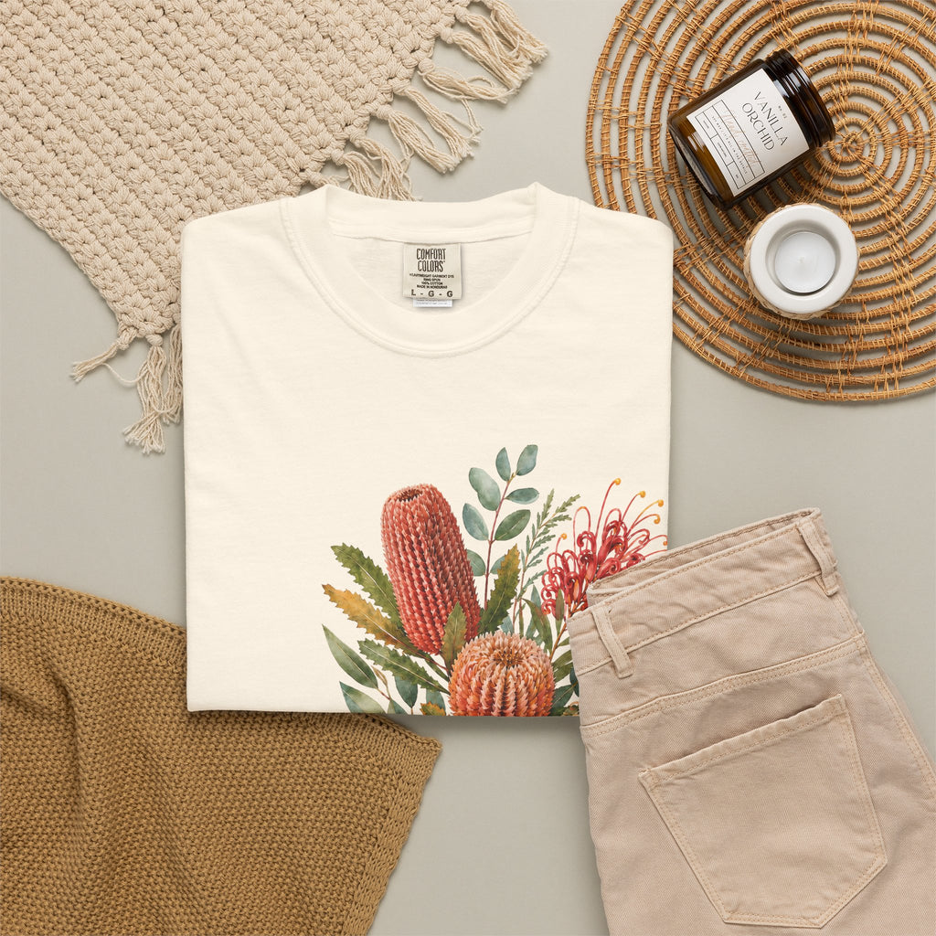 Butter T-shirt with colorful botanical protea bouquet graphic on the chest
