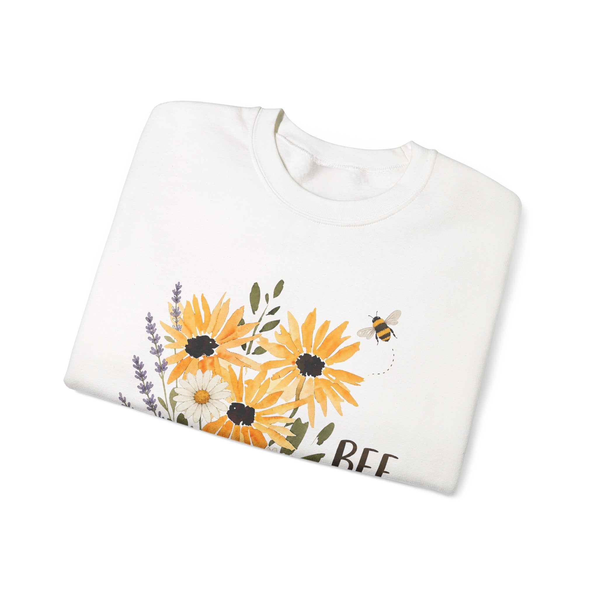 White crewneck sweatshirt with sunflower floral graphic and bee accents.