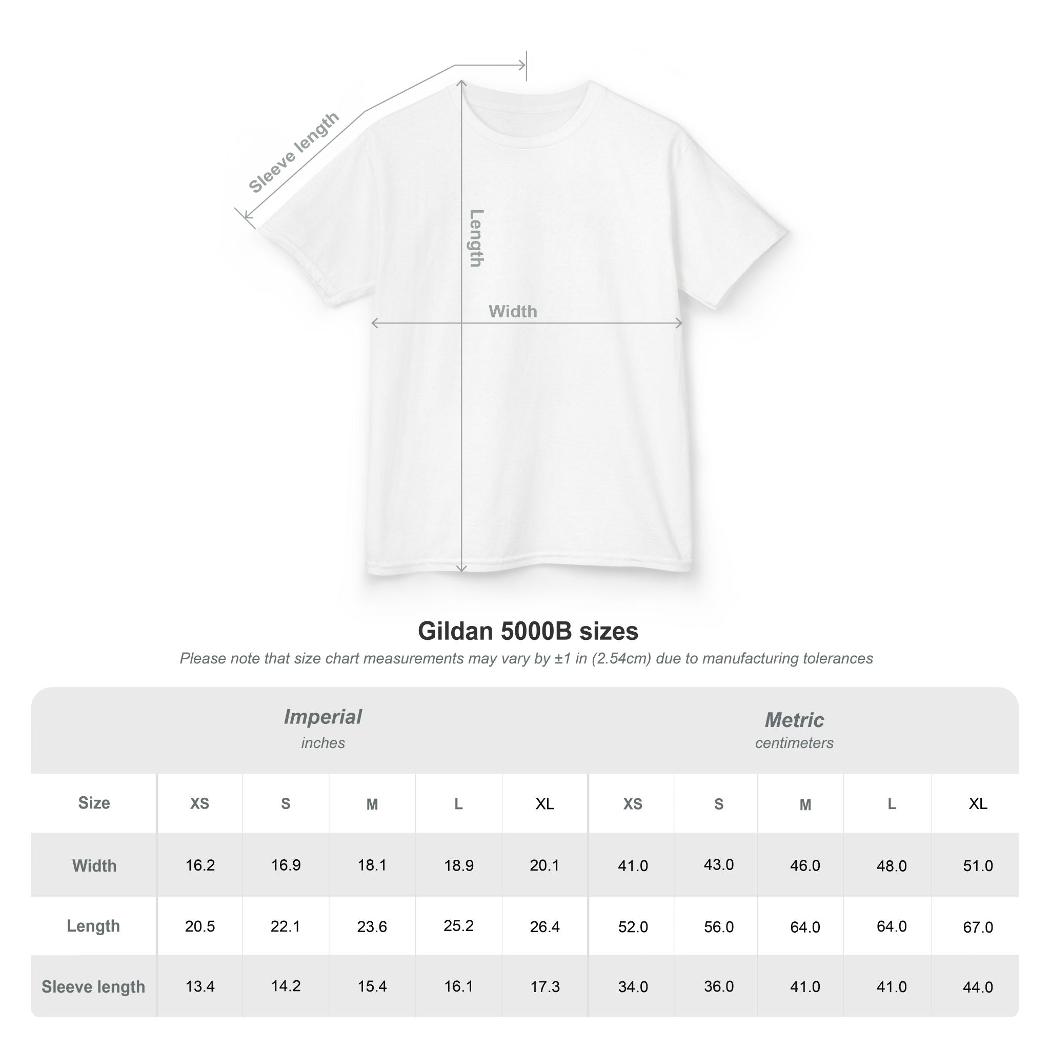 Kids tee size chart for white shirt: width and length in inches and centimeters.