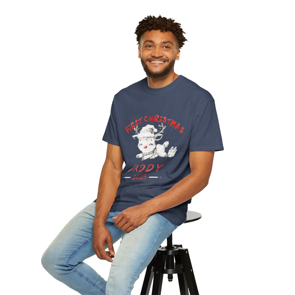 Navy T-shirt with 'First Christmas Daddy 2025' front print featuring reindeer