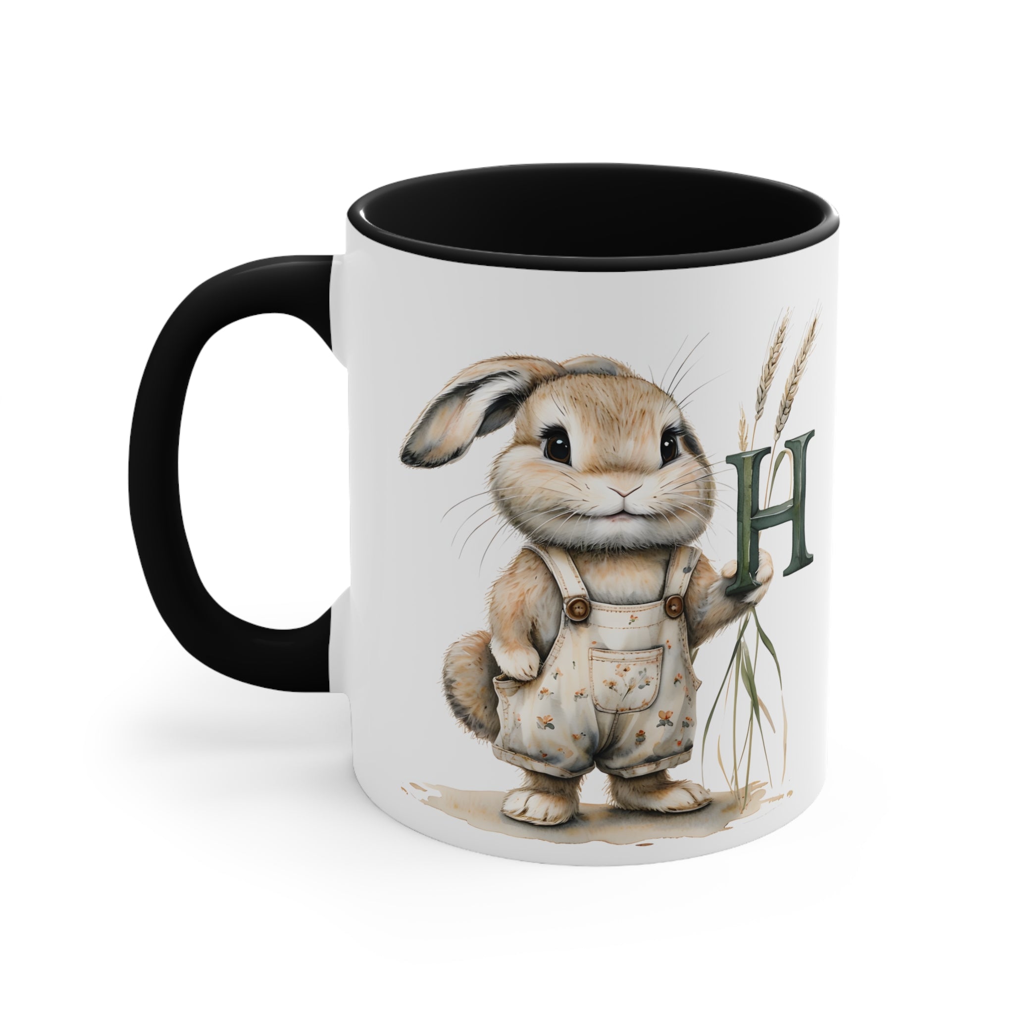 Whimsical Letter H Bunny Accent Mug, Coffee Cup, Cute Gift for Animal Lovers, Perfect for Easter & Birthdays, 11oz