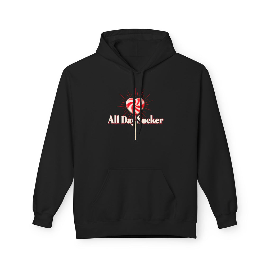 Black unisex hoodie with front kangaroo pocket, drawstring hood, and candy lollipop graphic