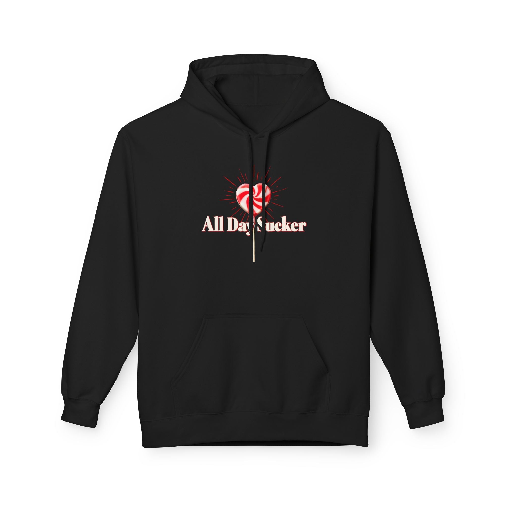 Black unisex hoodie with front kangaroo pocket, drawstring hood, and candy lollipop graphic