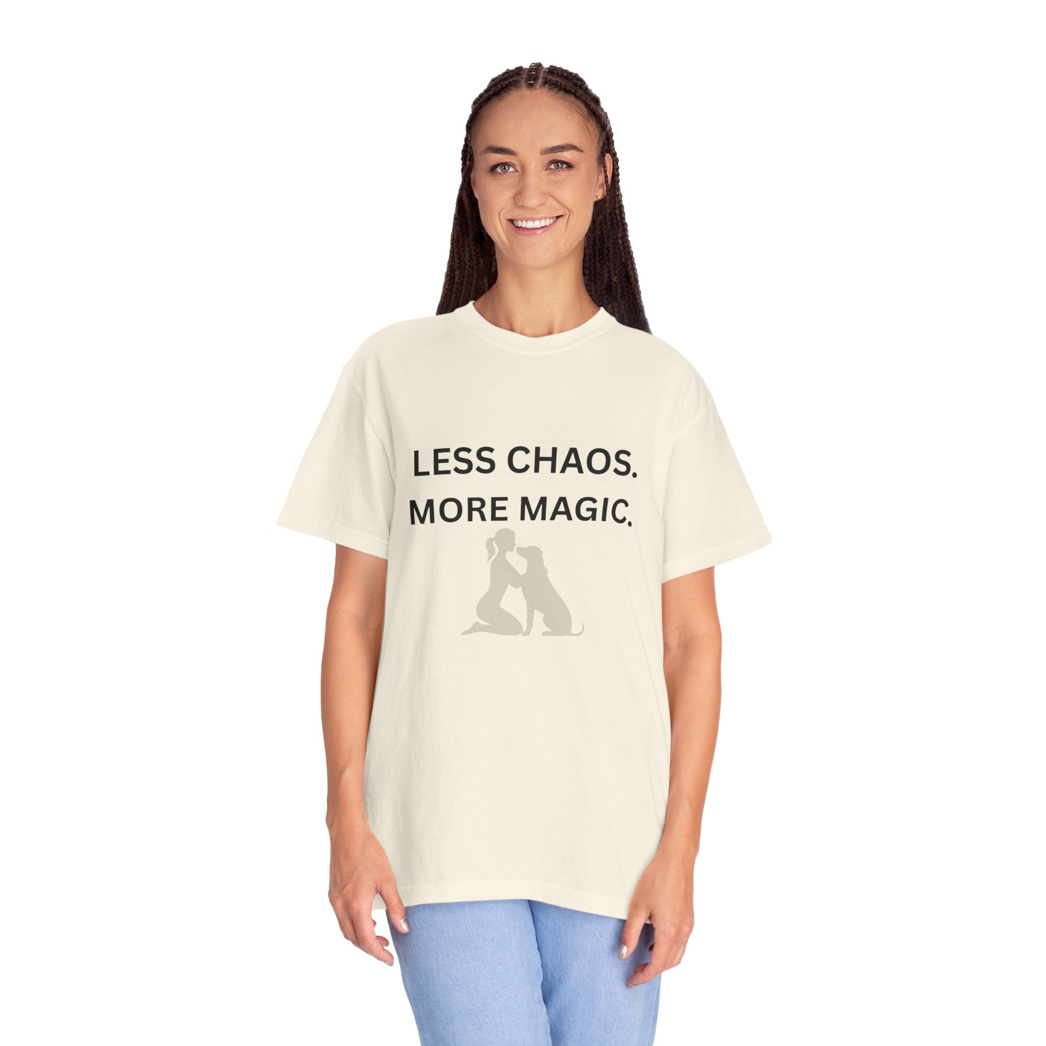Less Chaos, More Magic T-Shirt — Woman + Dog Silhouette Graphic Tee