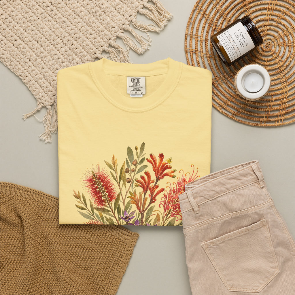 Butter yellow crew-neck T-shirt with colorful botanical bouquet graphic