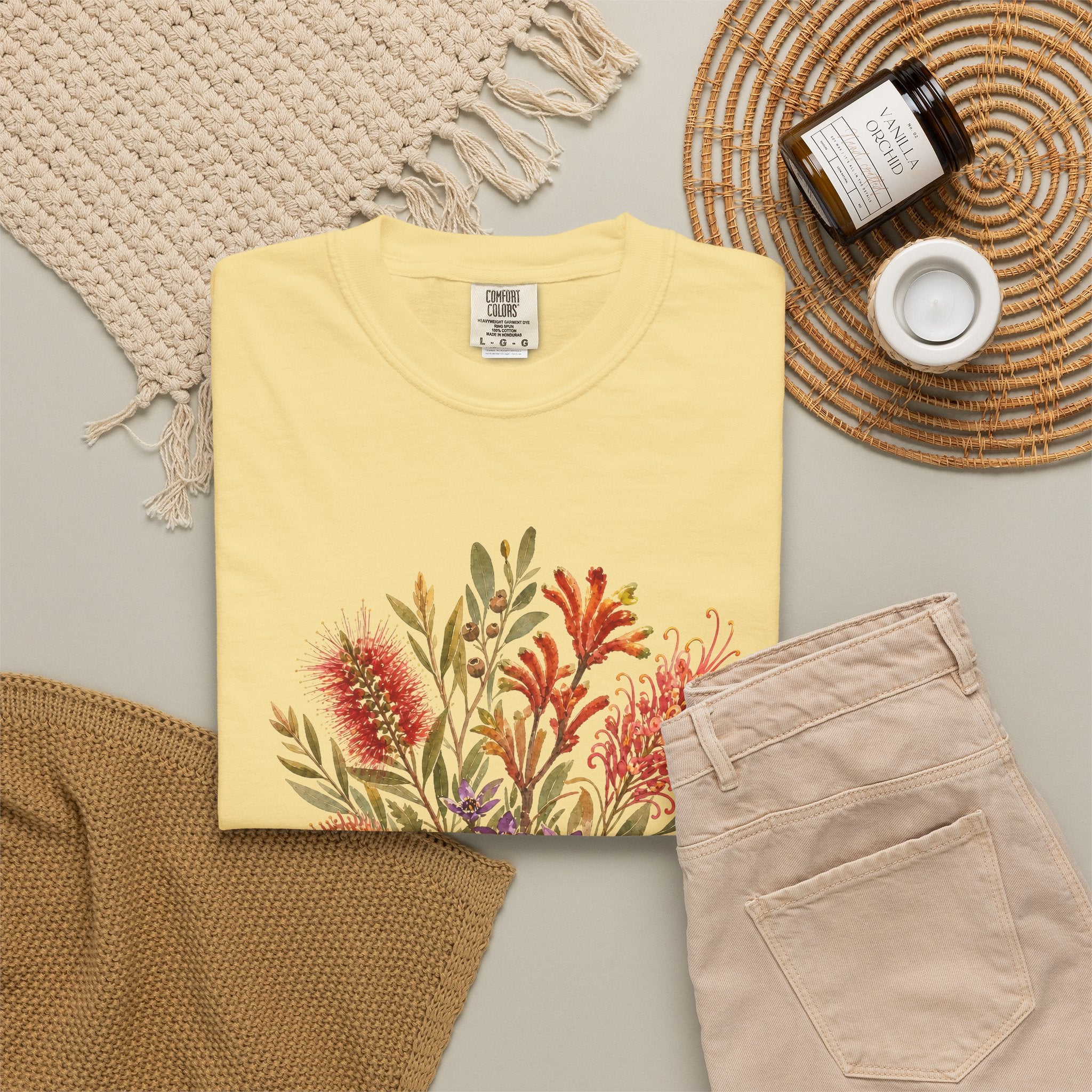Butter yellow crew-neck T-shirt with colorful botanical bouquet graphic