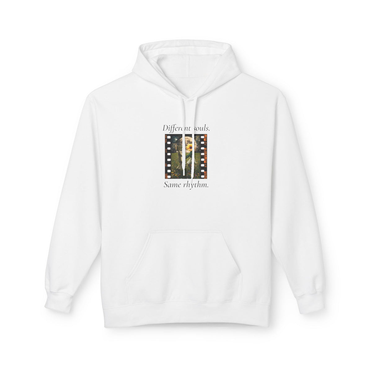White pullover hoodie with front pocket, hood, and music-themed graphic chest print