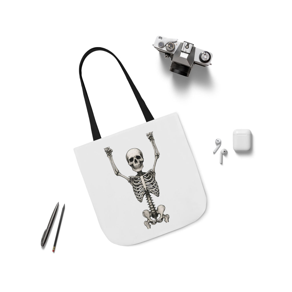 White tote bag with black strap, skeleton figure graphic centered on the front.