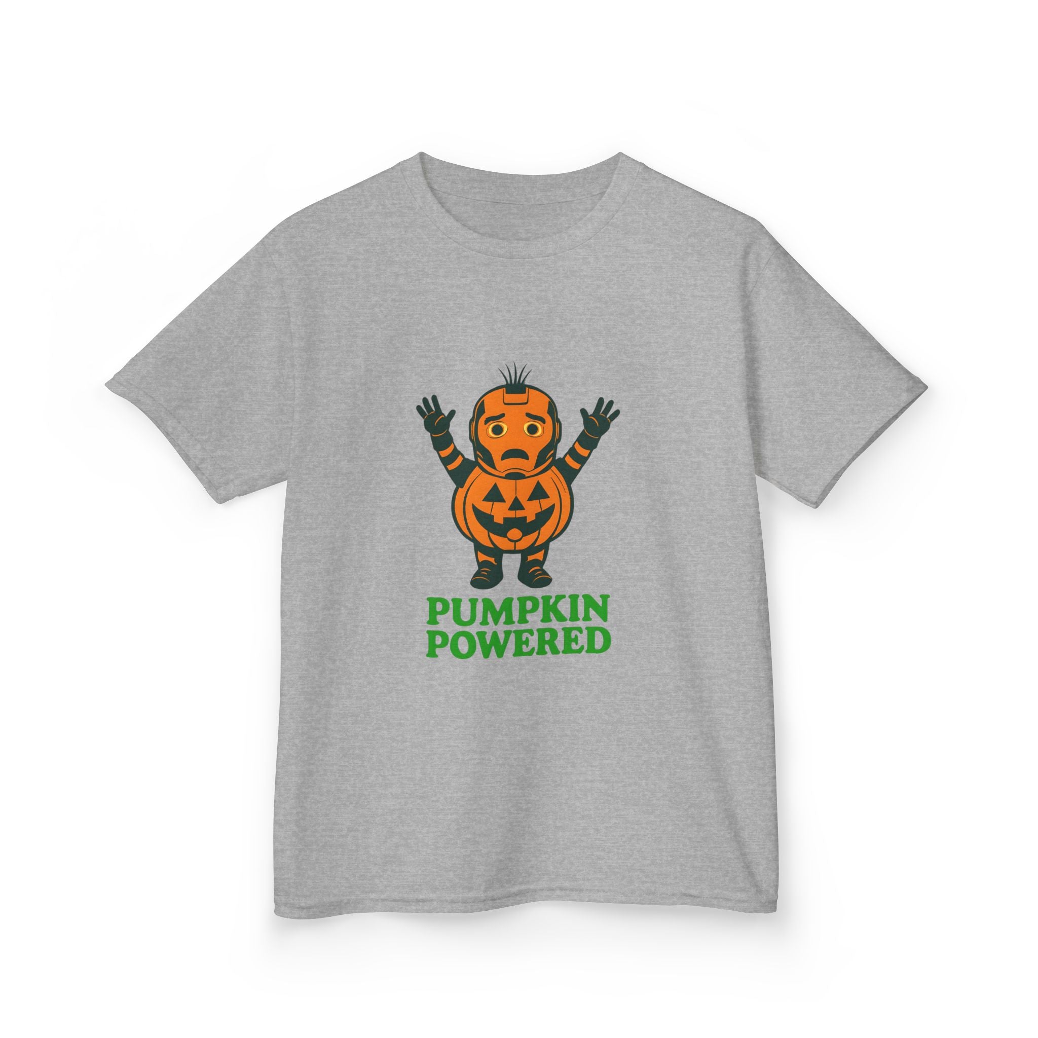 Kids heather gray Halloween T-shirt with centered jack-o'-lantern “Pumpkin Powered” graphic