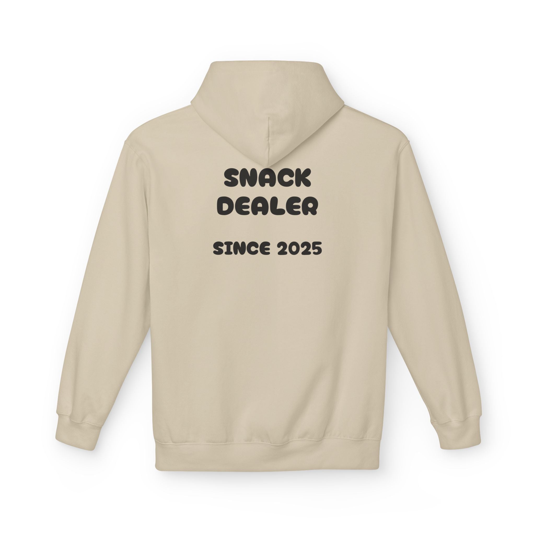Sand hoodie with front text “SNACK DEALER SINCE 2025” on chest.