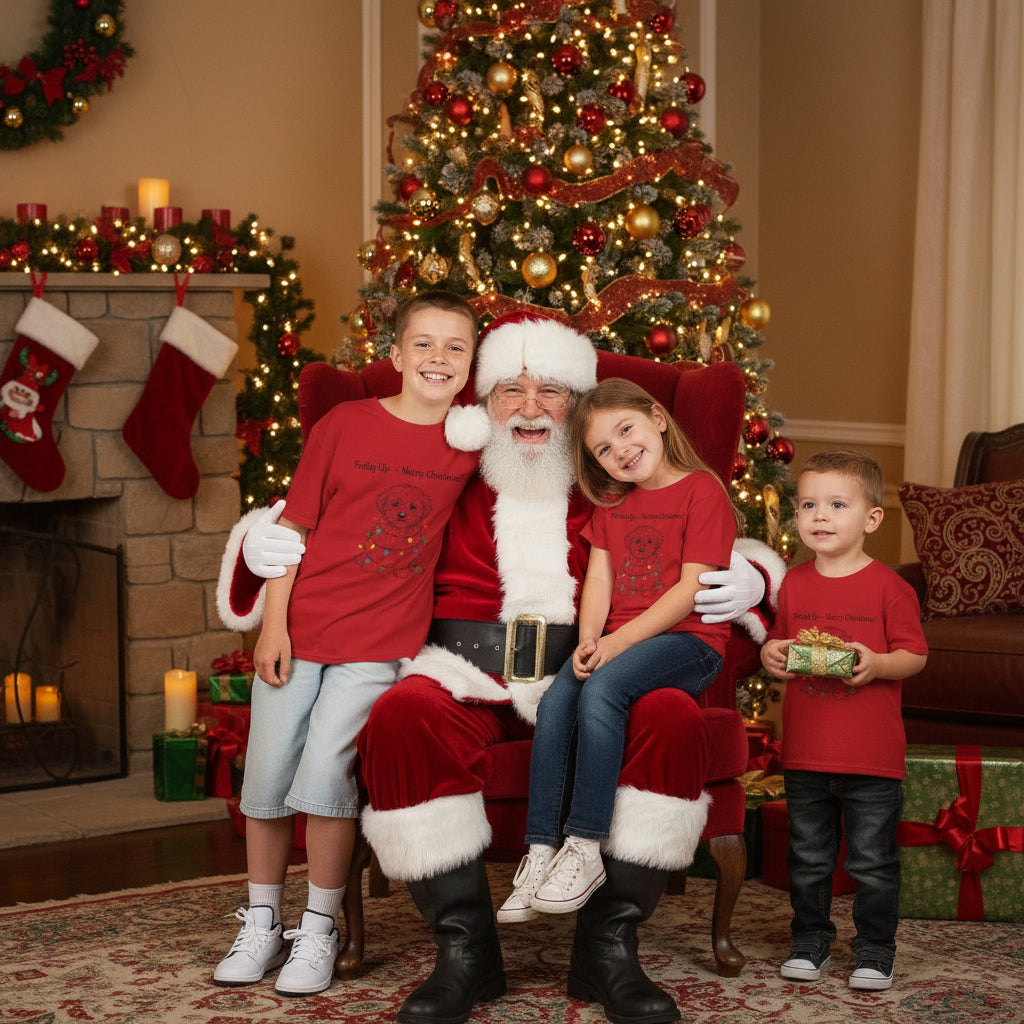 Kids wearing red holiday dog graphic tees in a Christmas family photo