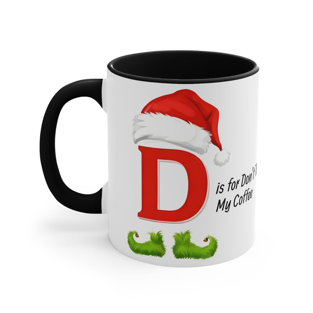 Black-handle ceramic mug with letter D, Santa hat, and 'Don't Touch My Coffee' text