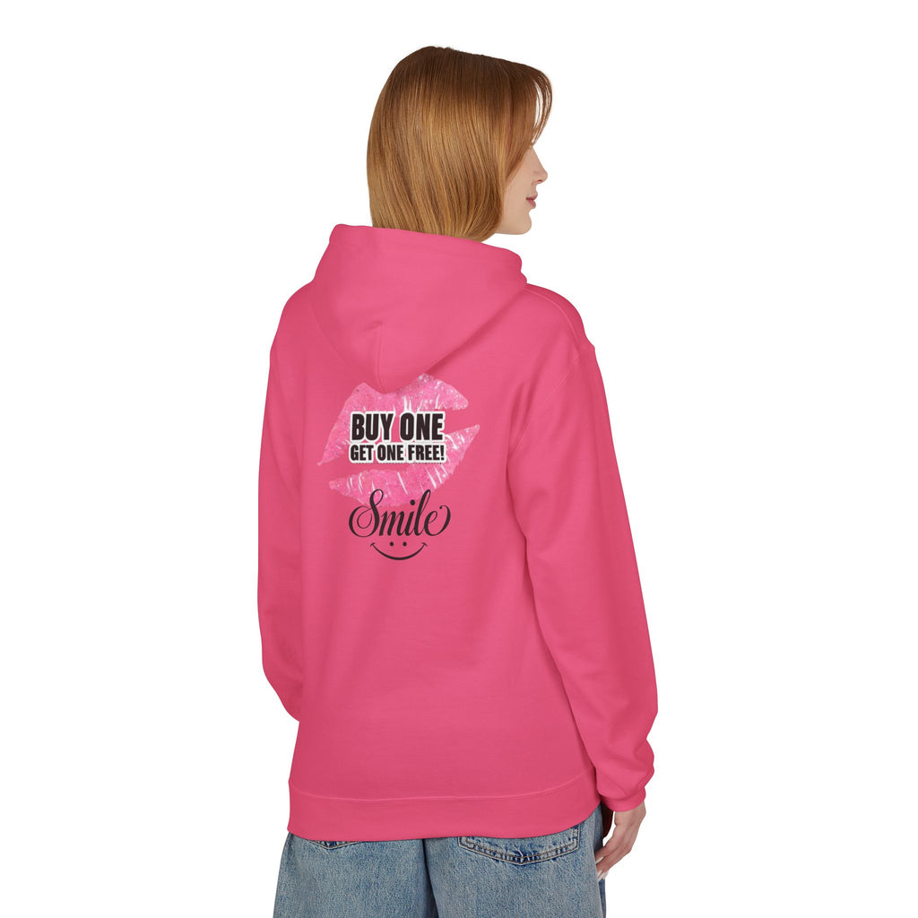 Pink lemonade zip-up hoodie with pink back graphic “BUY ONE GET ONE FREE” and “Smile”