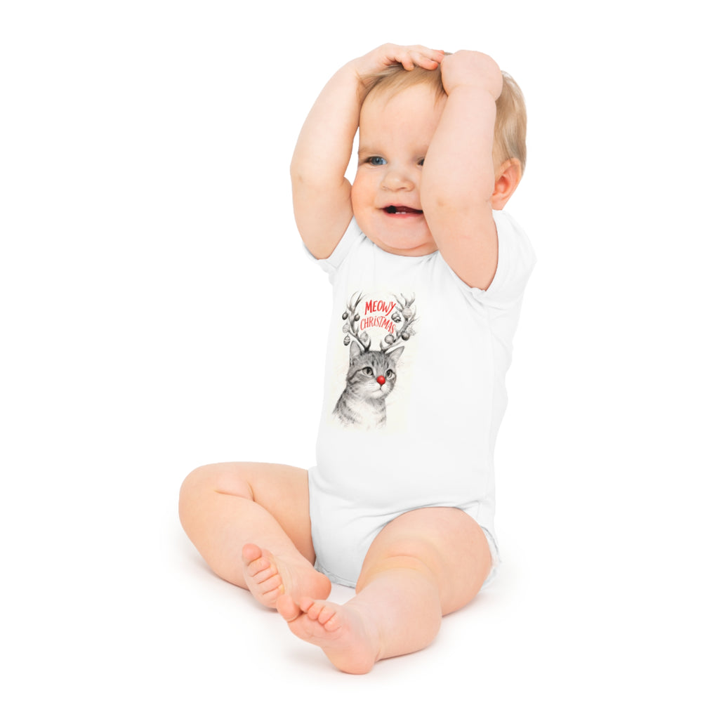 White baby bodysuit with short sleeves and cat-reindeer holiday graphic