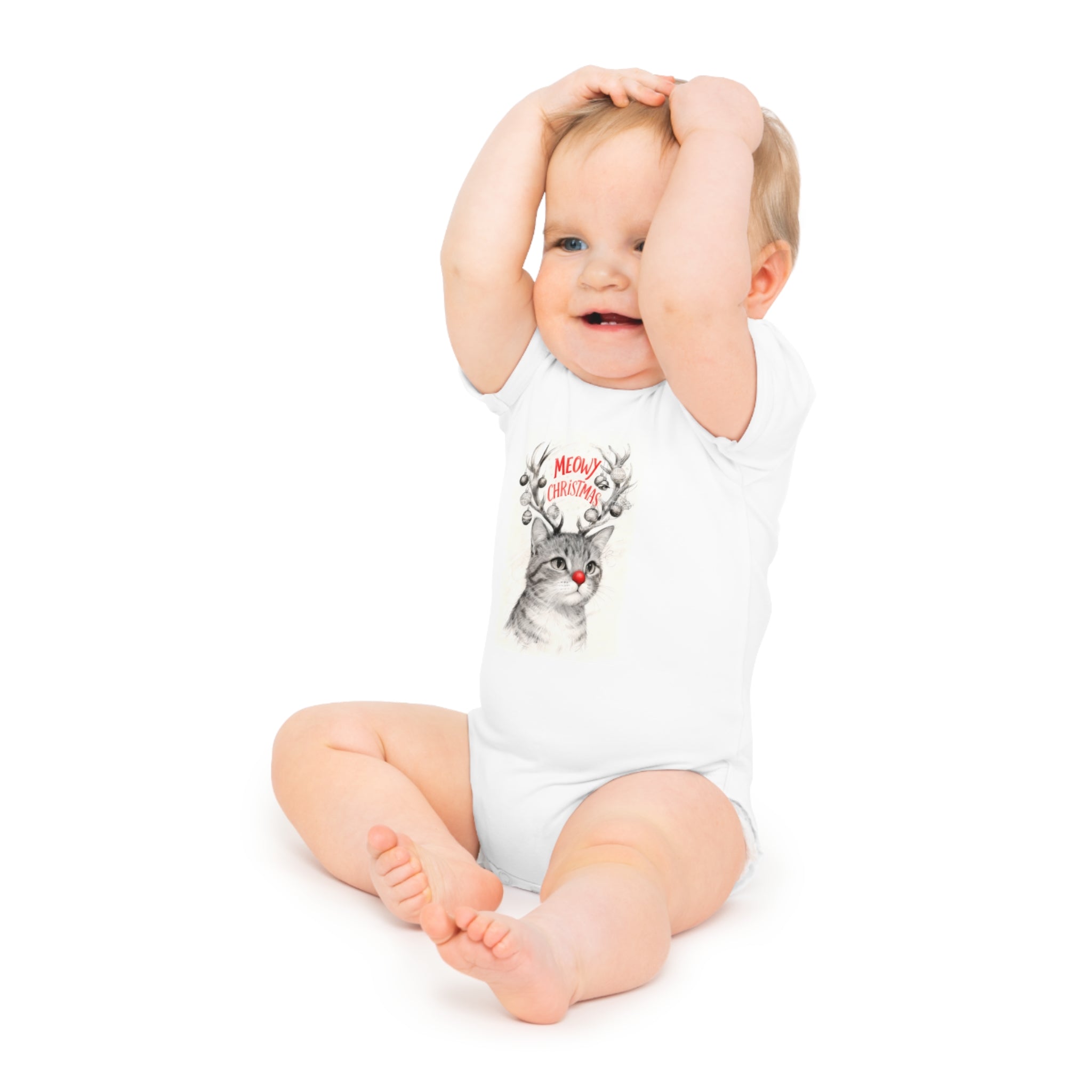 White baby bodysuit with short sleeves and cat-reindeer holiday graphic