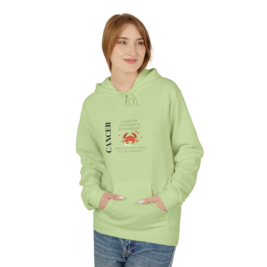 Lime green cozy hoodie with kangaroo pocket and Cancer constellation graphic on chest