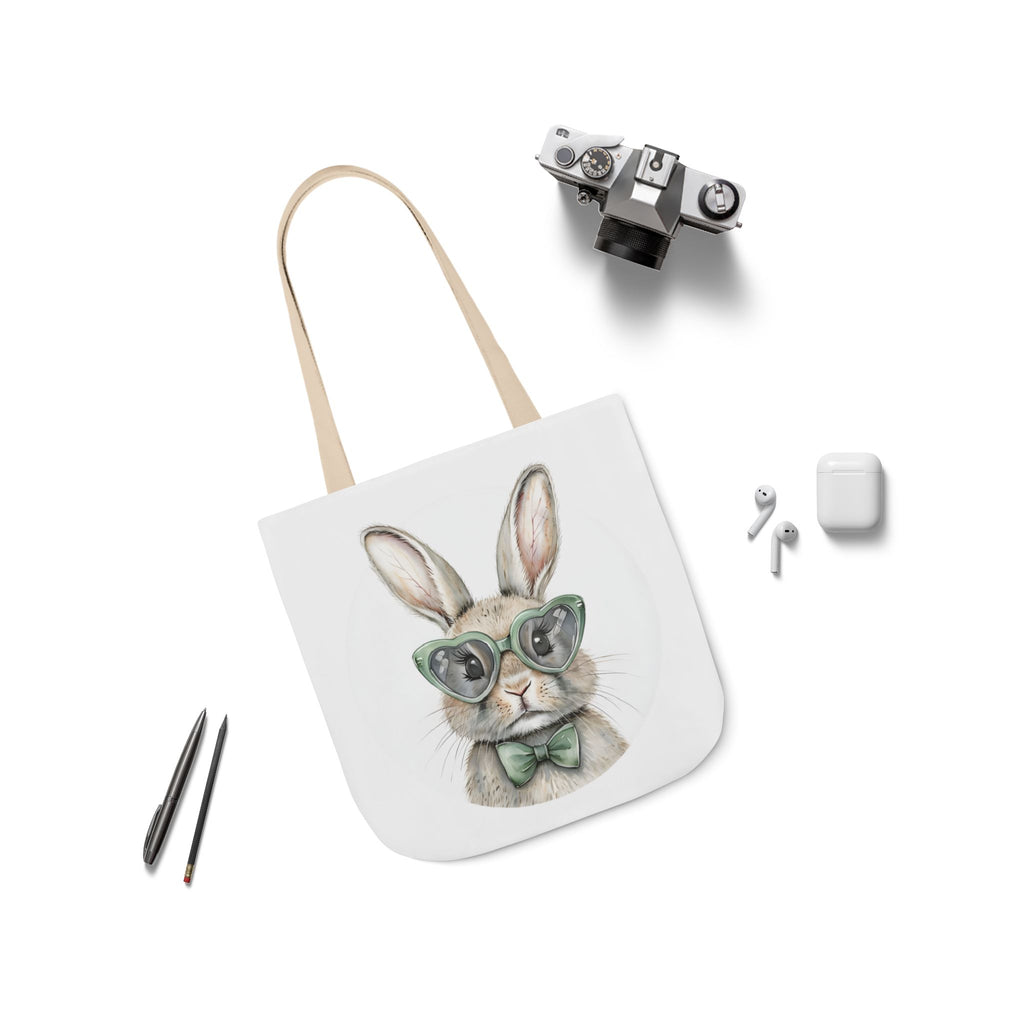 Canvas tote bag with bunny face print and light-beige handles