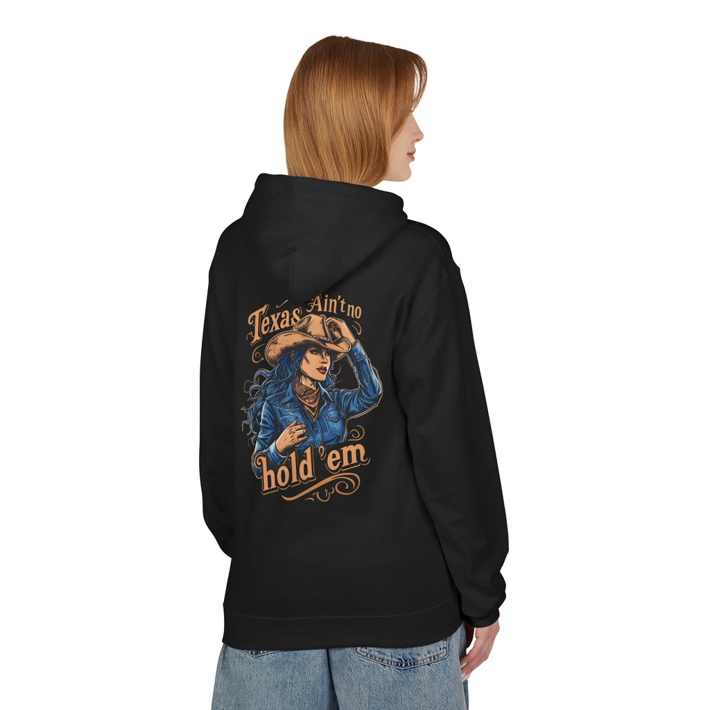 Black cowgirl hoodie pullover on model, back graphic print with 'hold 'em' text