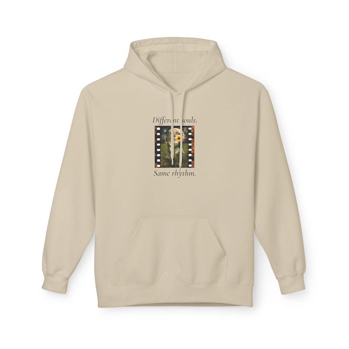 Sand pullover hoodie with front pocket, hood, and music-themed graphic chest print