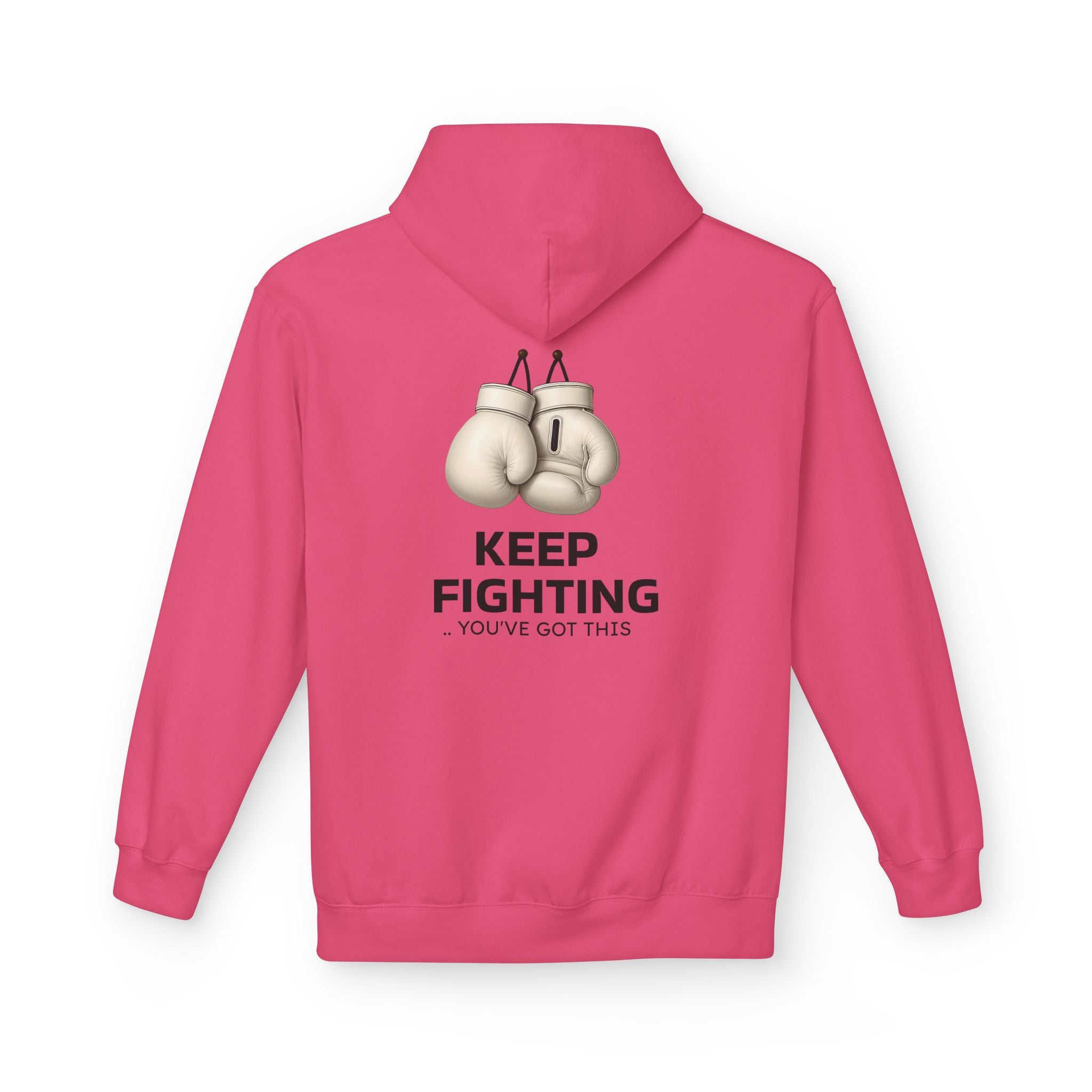 Pink hoodie with hood and kangaroo pocket, back boxing gloves graphic “Keep Fighting”