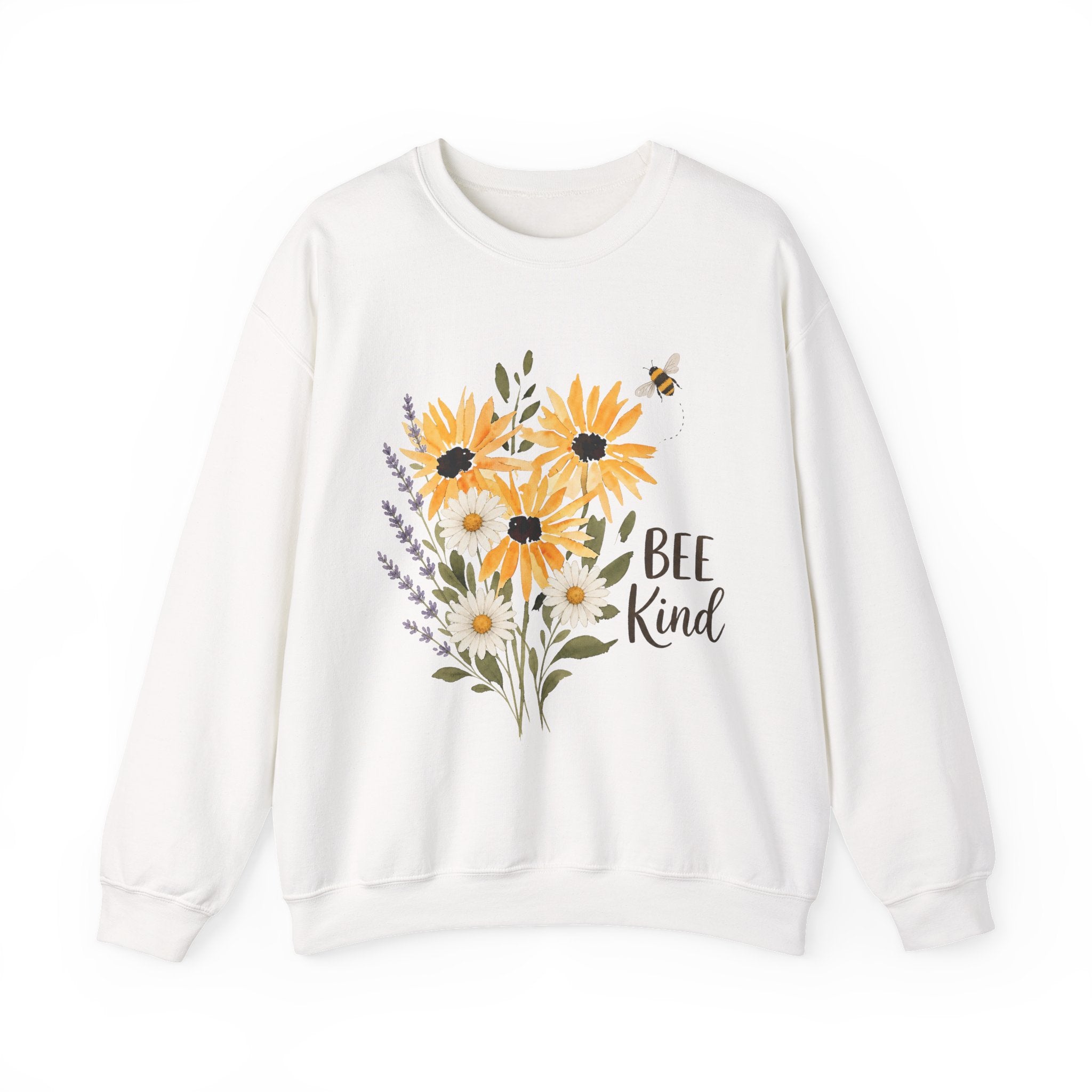 White crewneck sweatshirt with sunflower bouquet graphic and 'Bee Kind' text