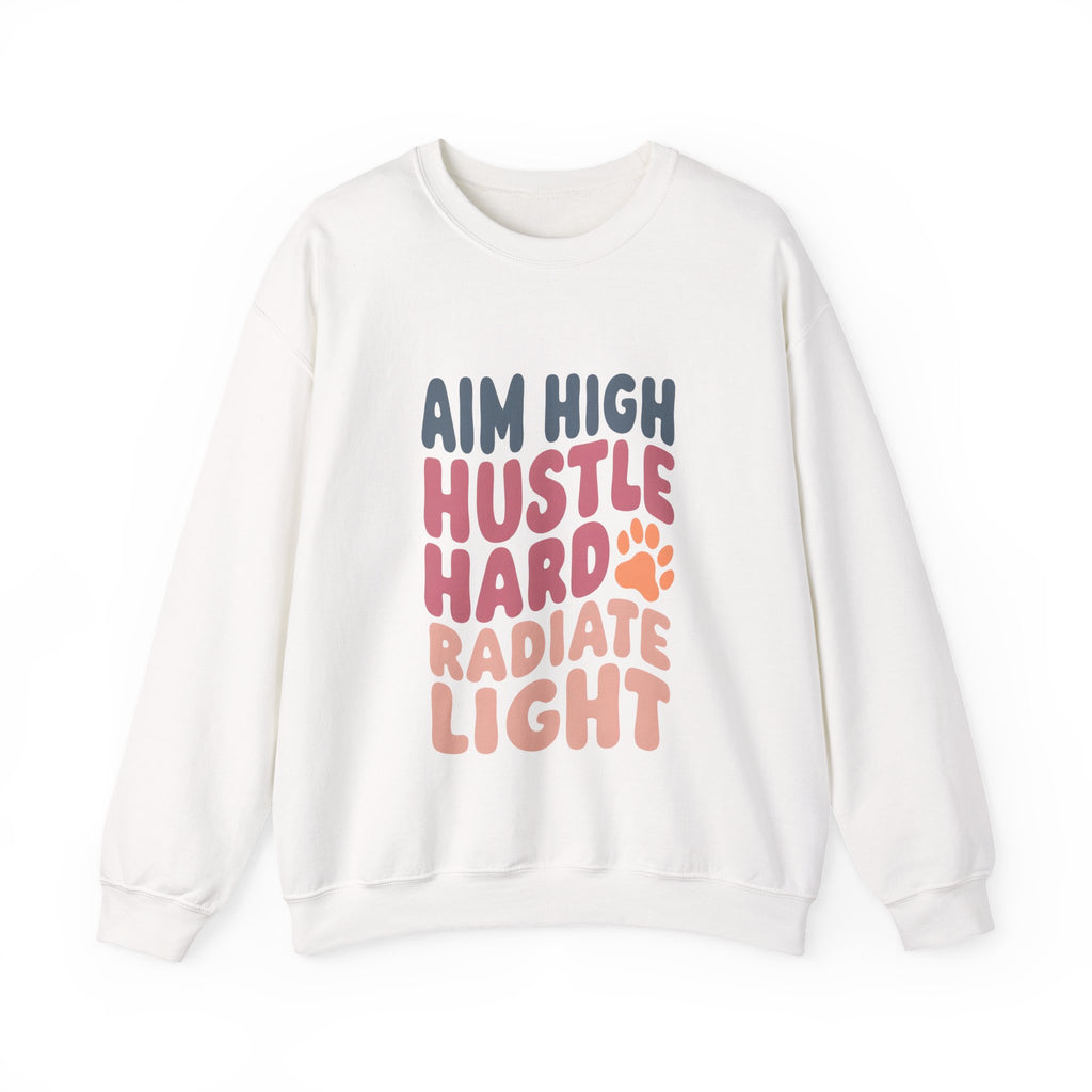 Unisex crewneck sweatshirt, white, with multicolor “AIM HIGH” stacked graphic on front