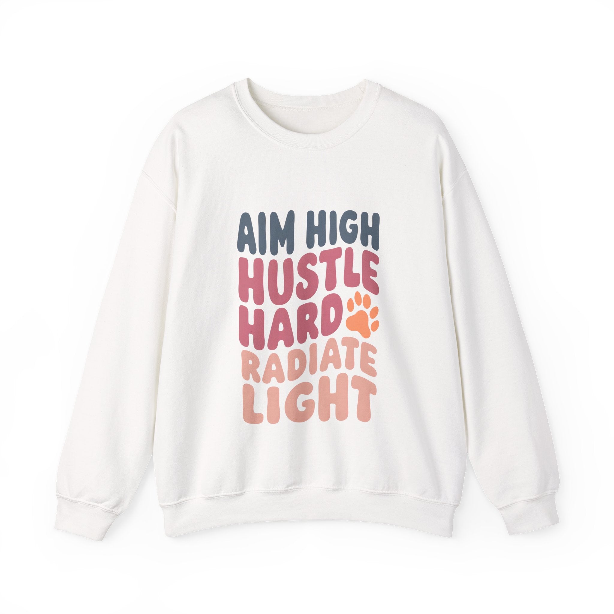 Unisex crewneck sweatshirt, white, with multicolor “AIM HIGH” stacked graphic on front