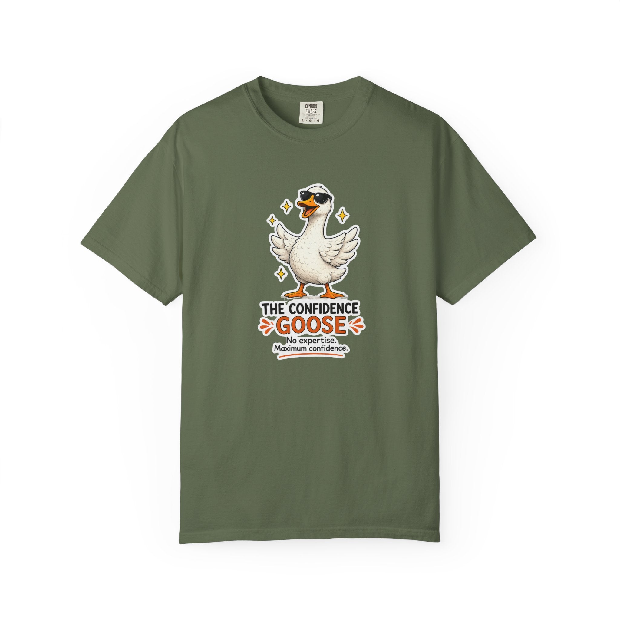 Olive goose graphic T-shirt with motivational text