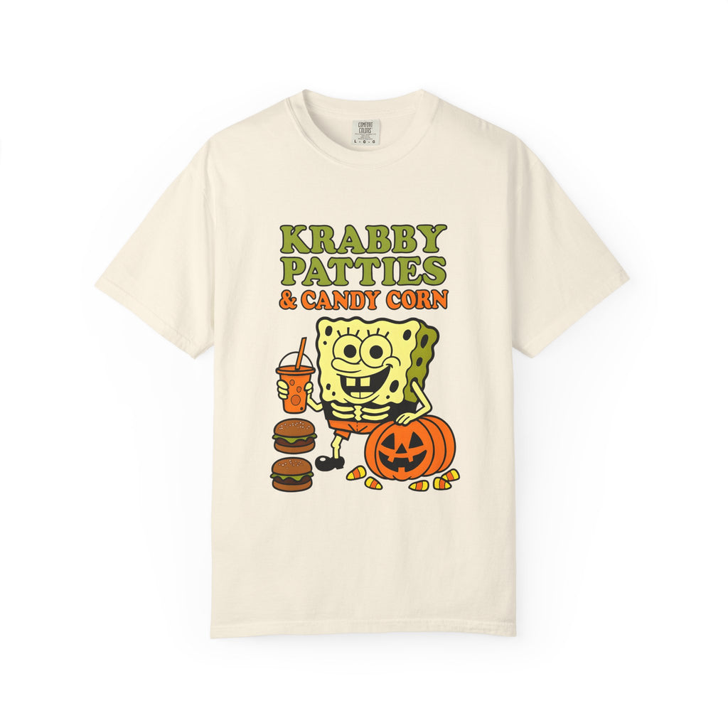Ivory crewneck T-shirt with front cartoon sea sponge and candy corn artwork