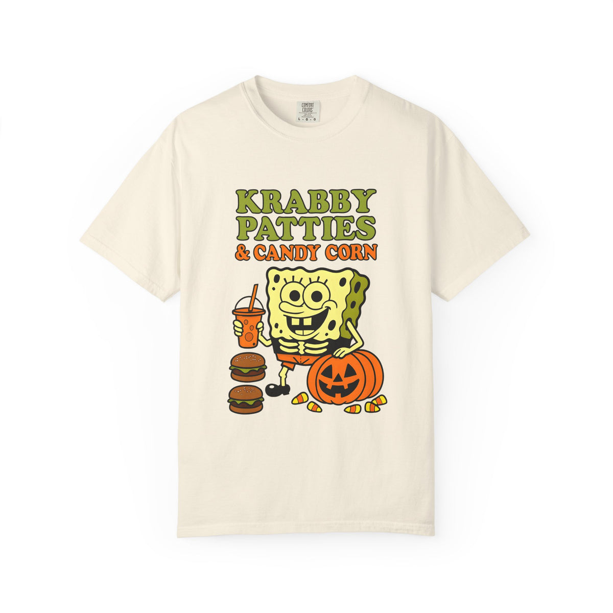 Ivory crewneck T-shirt with front cartoon sea sponge and candy corn artwork
