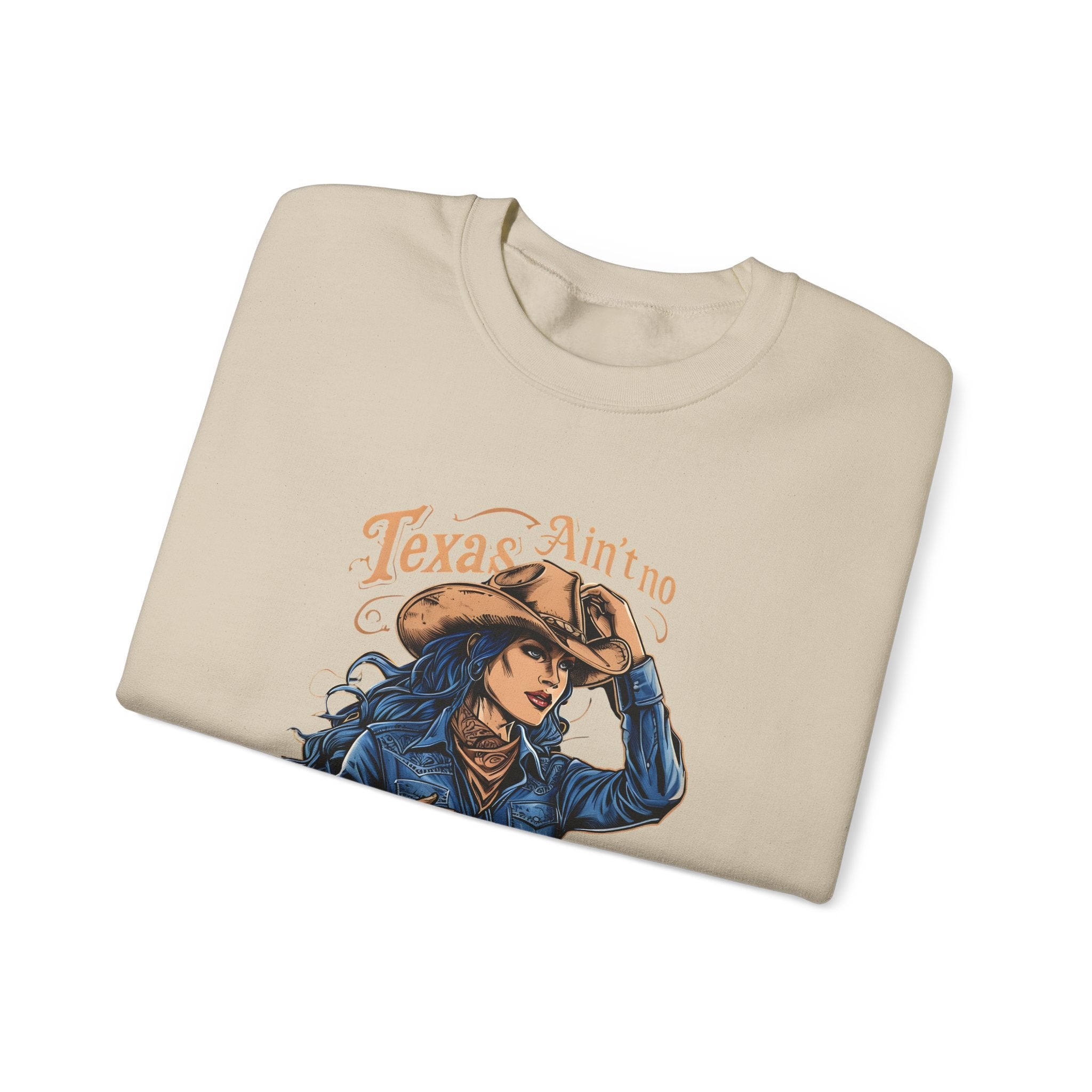 Beige crewneck sweatshirt featuring western cowgirl graphic close-up