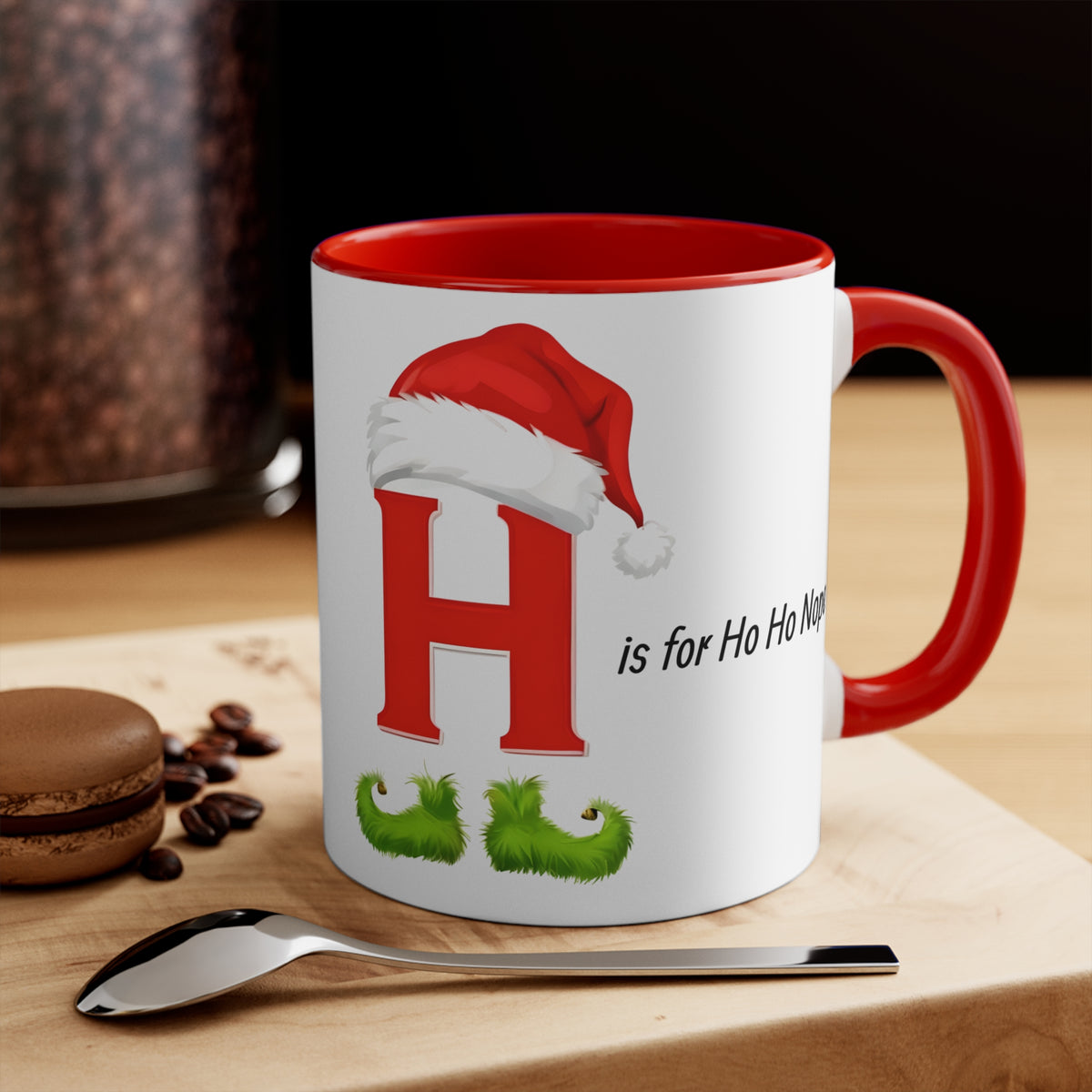 Christmas letter H mug, white with red H and Santa hat, green holly, red handle and rim