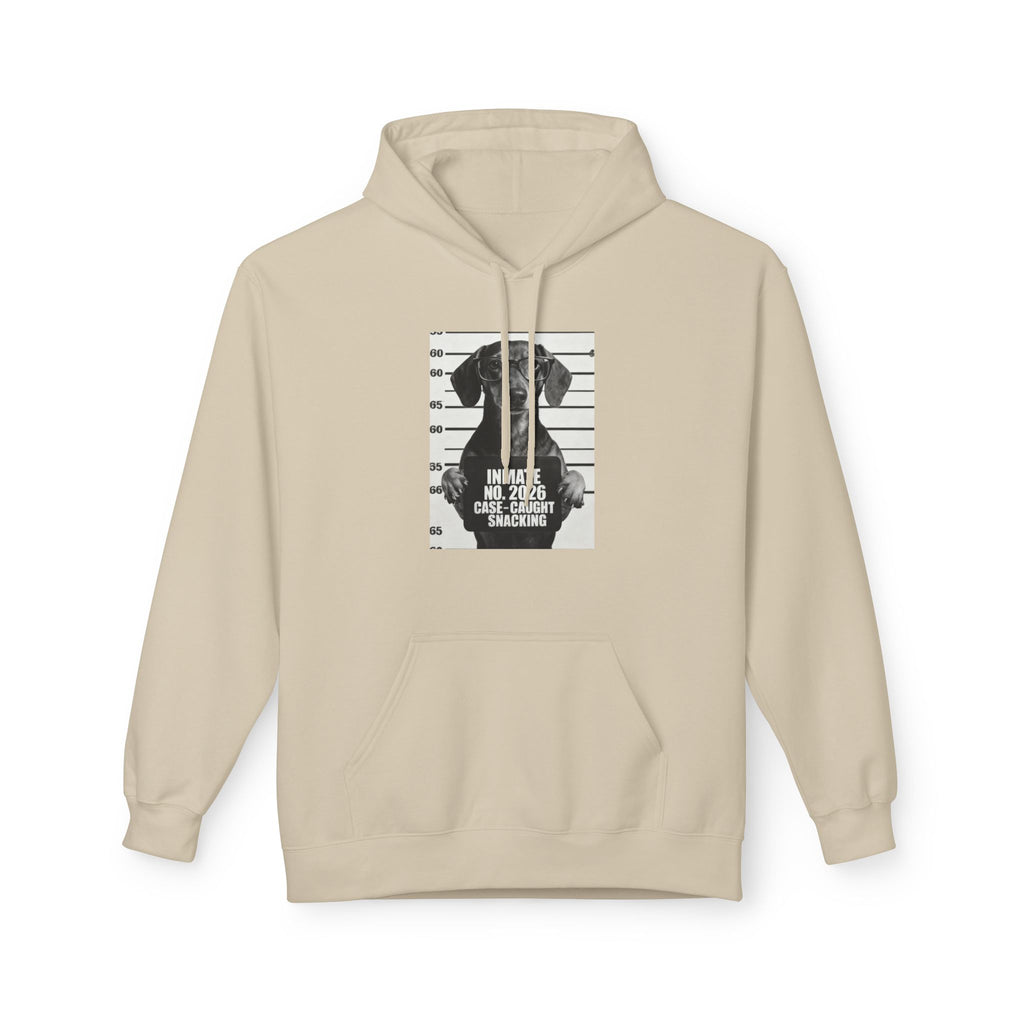 Beige pullover hoodie with drawstring hood, front graphic print, and kangaroo pocket.