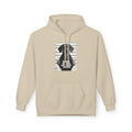 Beige pullover hoodie with drawstring hood, front graphic print, and kangaroo pocket.