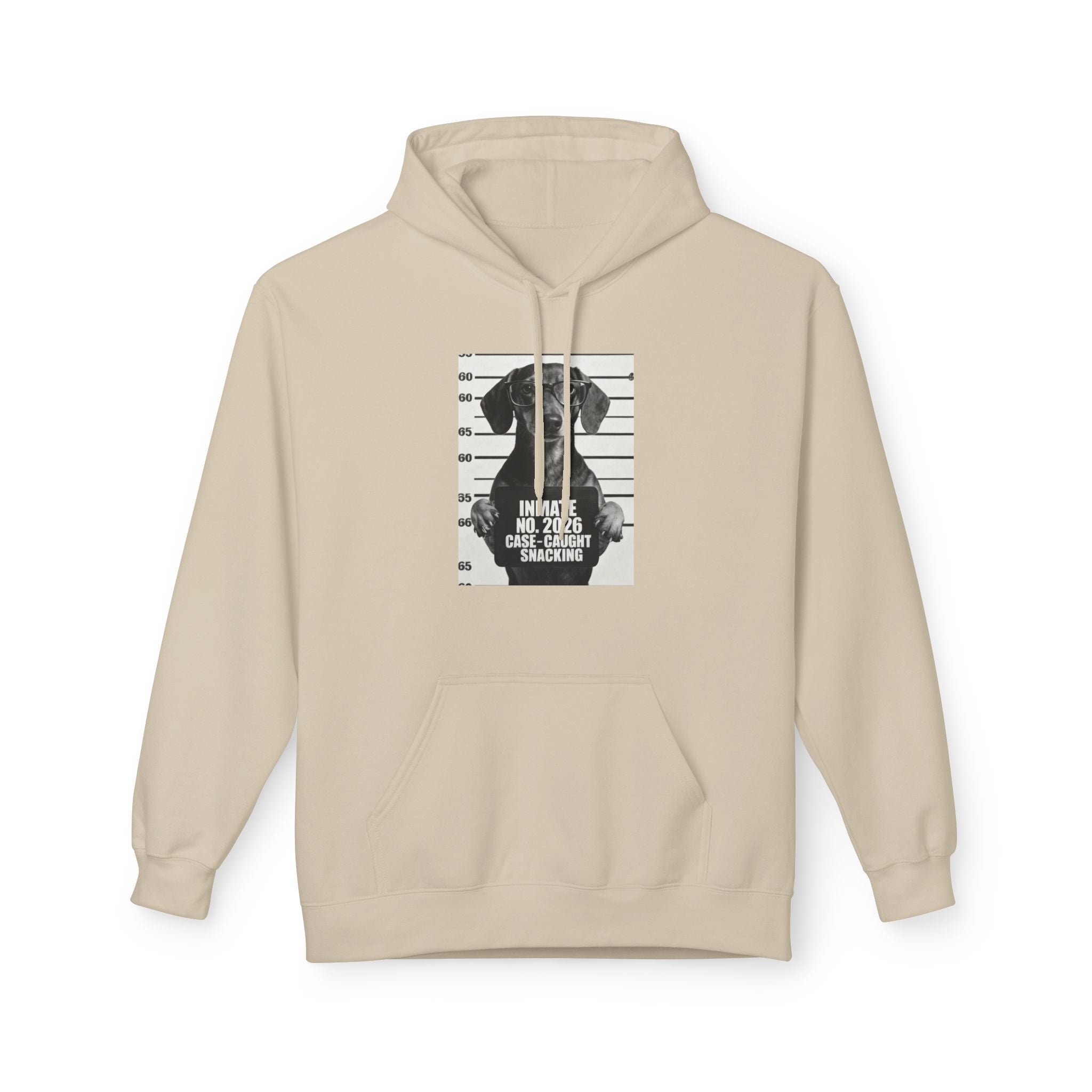 Beige pullover hoodie with drawstring hood, front graphic print, and kangaroo pocket.