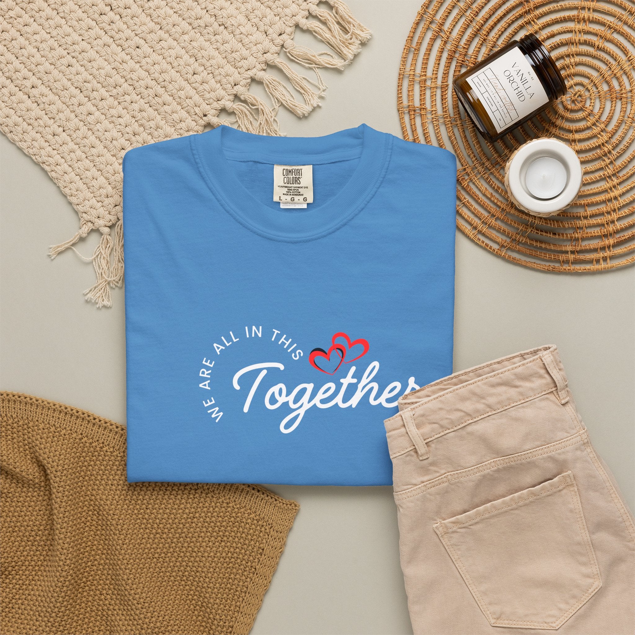 Unisex ONE Together Heart T-Shirt — "We Are All In This Together" Front Text, Australian Flag One Back Design