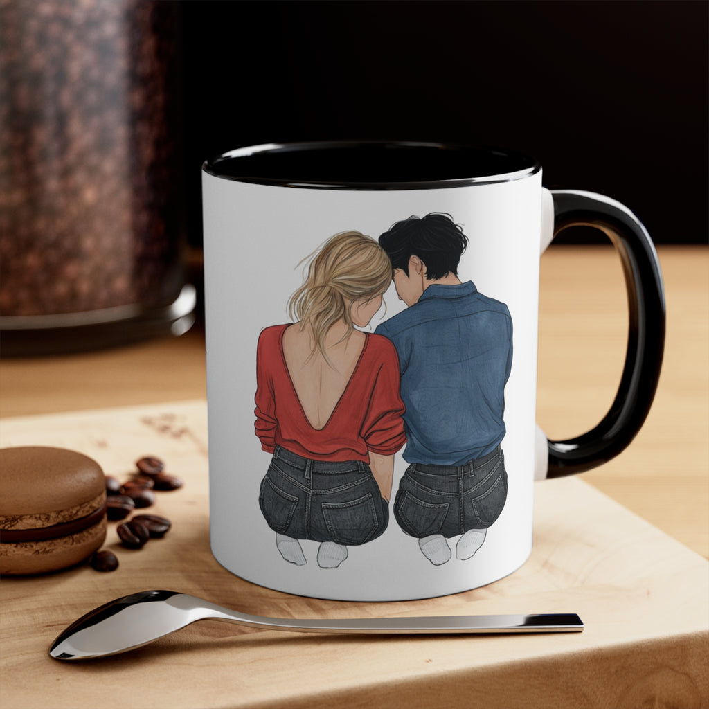 Black-accent white mug with couple sitting back-to-back; love print on front