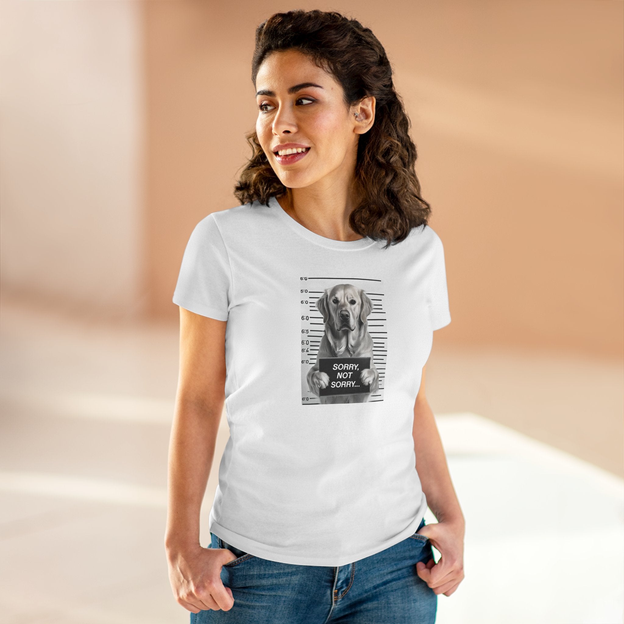 White cotton T-shirt worn by model with dog mugshot graphic and 'SORRY NOT SORRY...'
