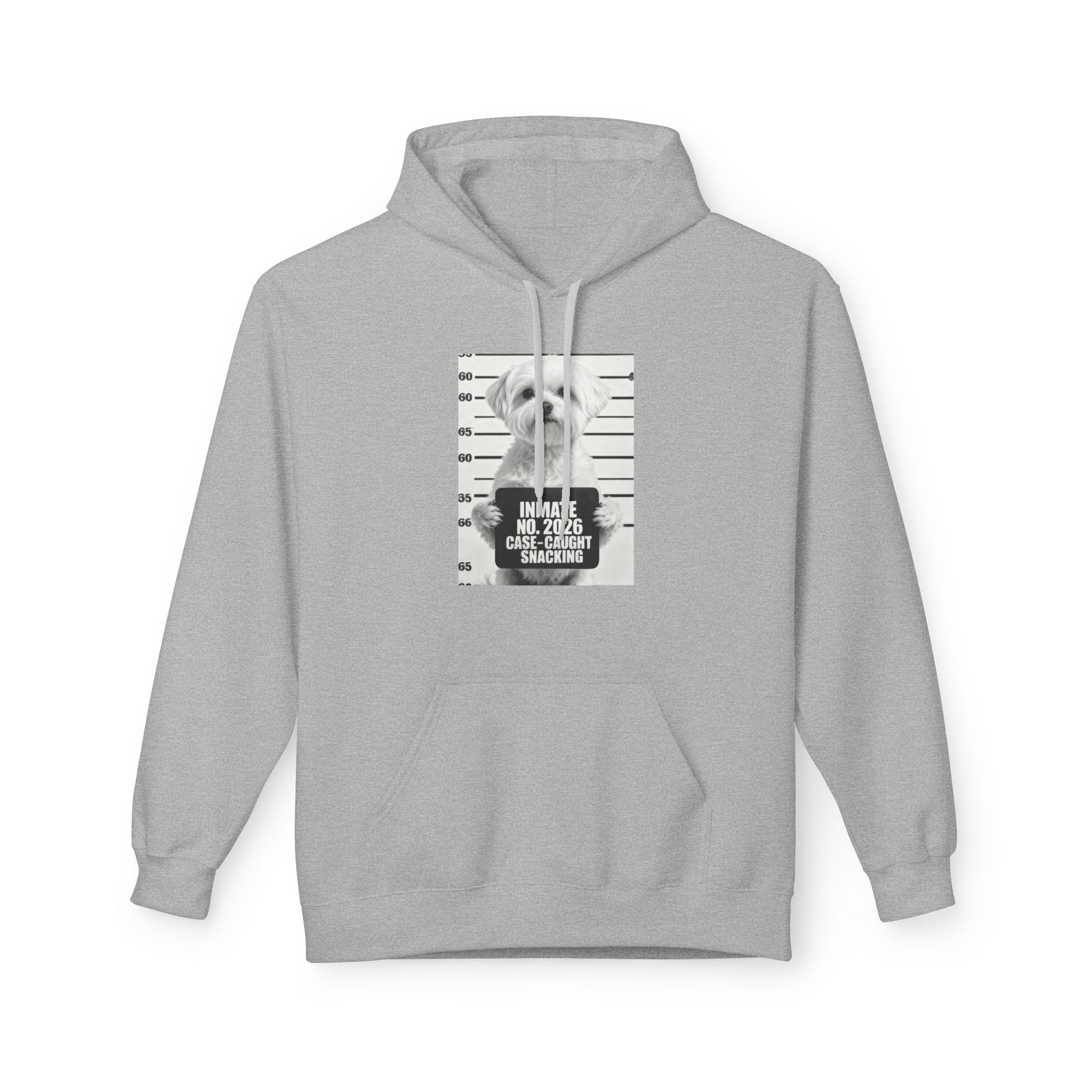 Sport grey pullover hoodie with drawstring hood, front pocket, dog mugshot snack print