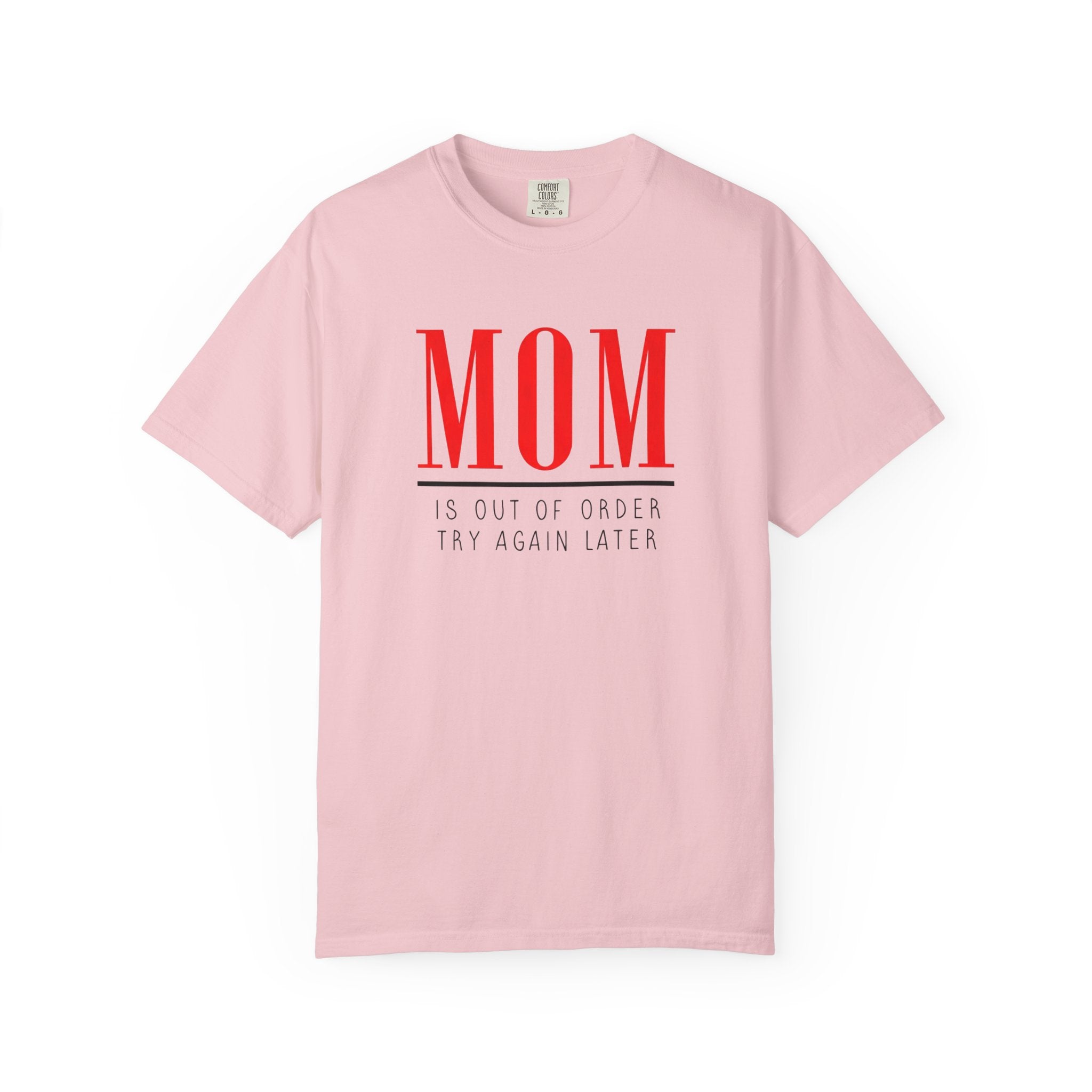 Blush pink T-shirt with red “MOM” graphic and small slogan text